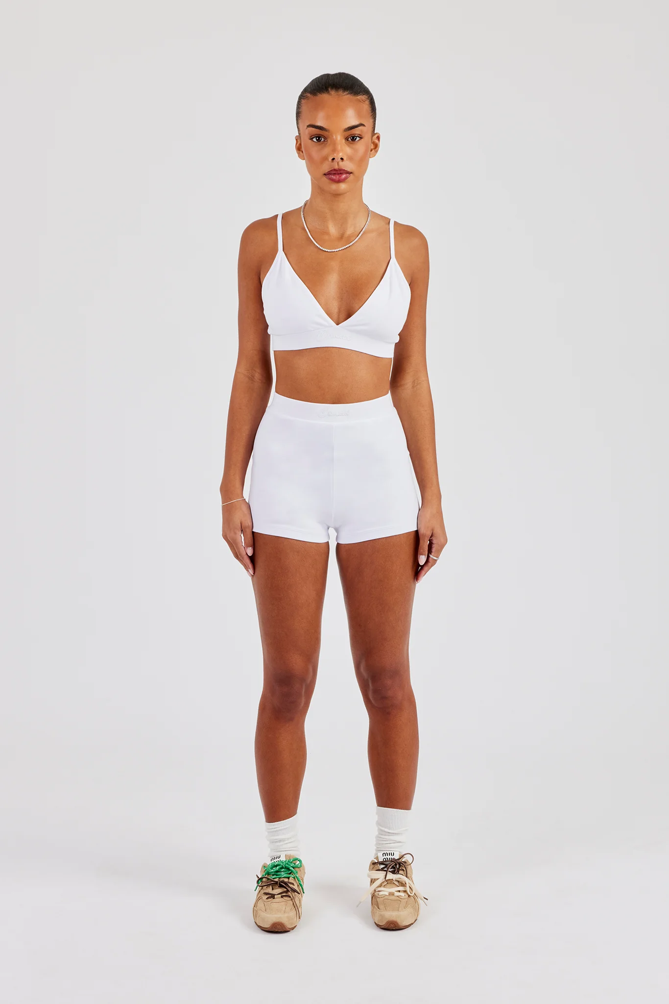 Plunge Front Bralet & Jersey Boxer Short - White - Image 5