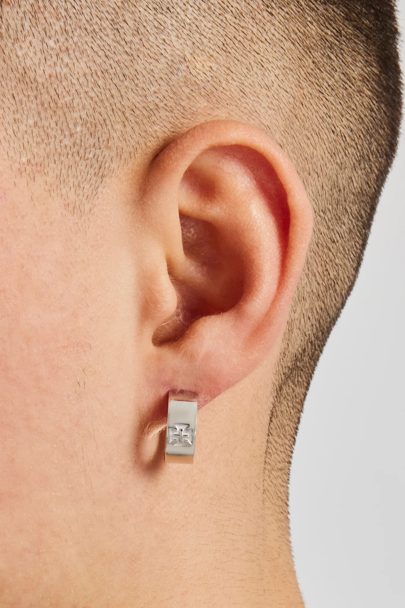 Polished Cross Engraved Huggie Earrings - 12mm - Image 2