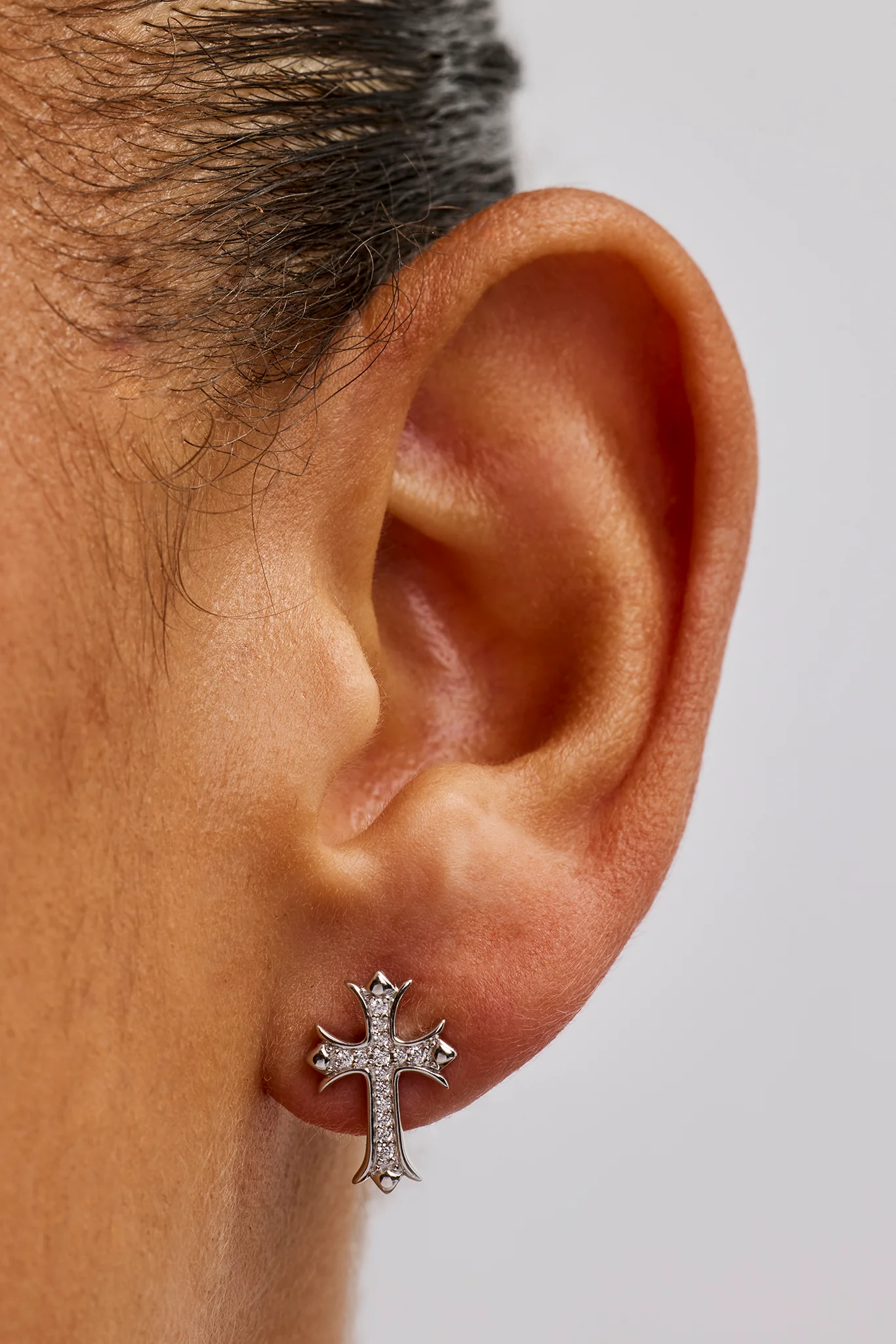 Polished Edge Iced Cross Stud Earrings - 15mm - White Gold - Image 2