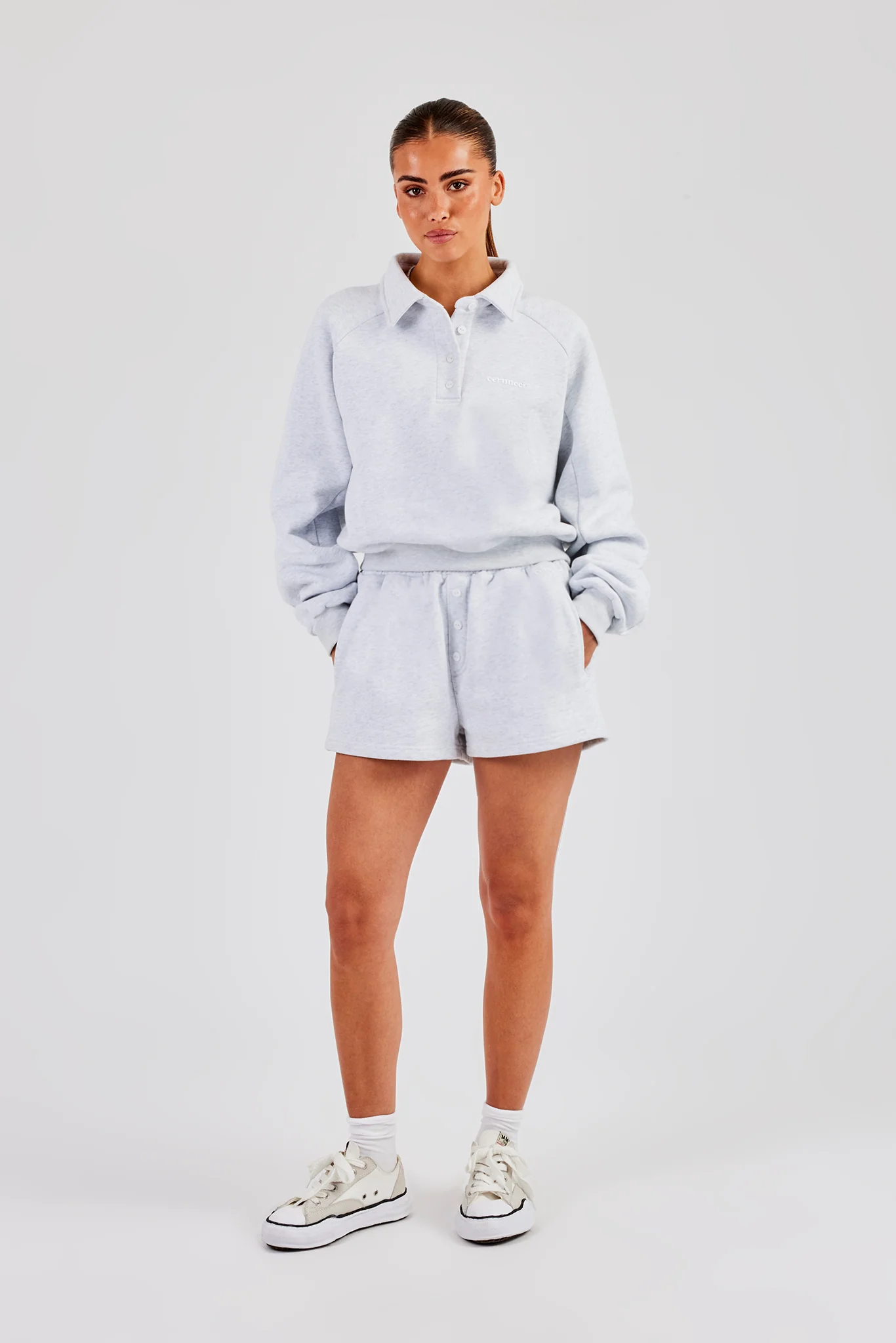 Polo Sweatshirt & Button Detail Short - Heather Grey - Image 2