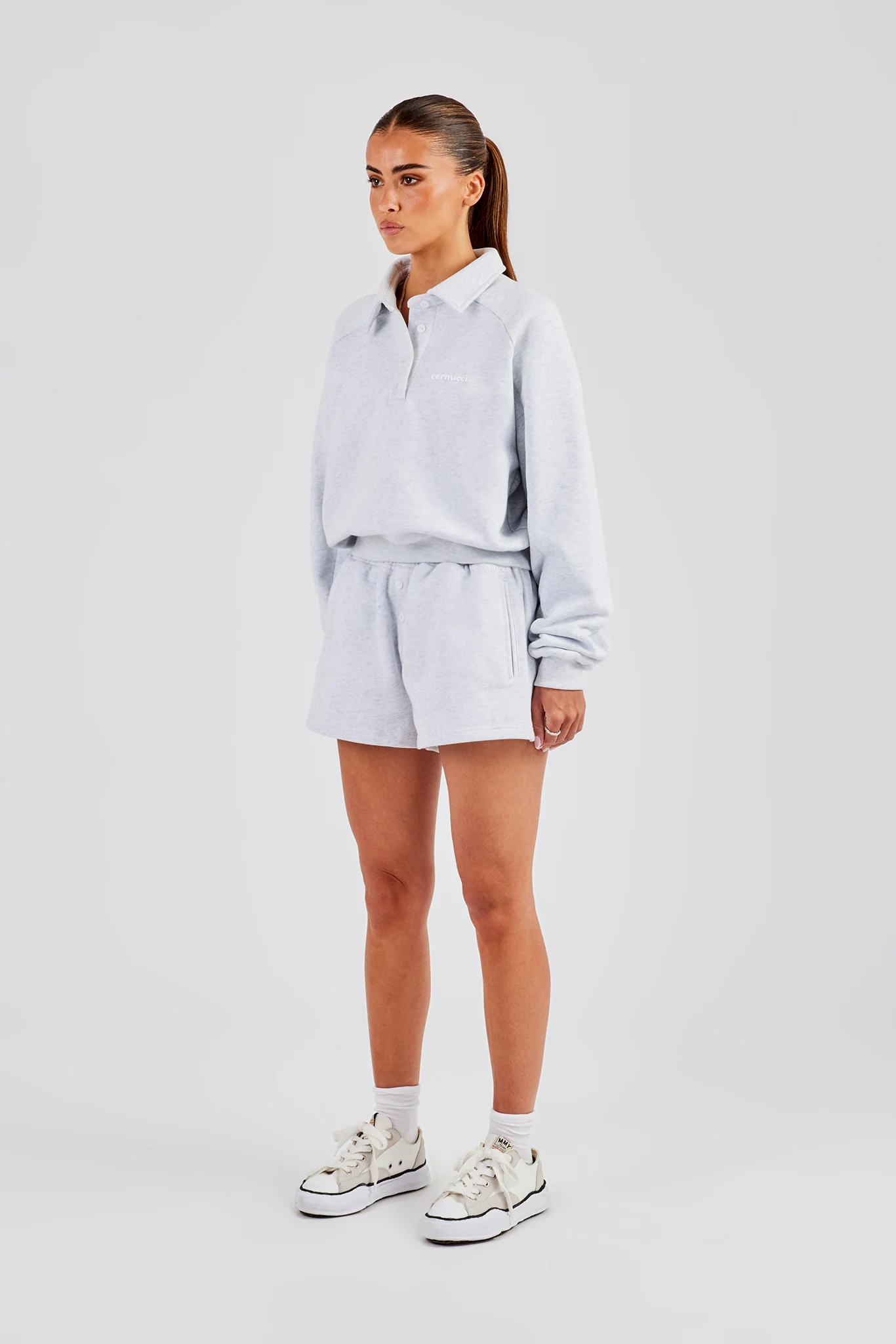 Polo Sweatshirt & Button Detail Short - Heather Grey - Image 3