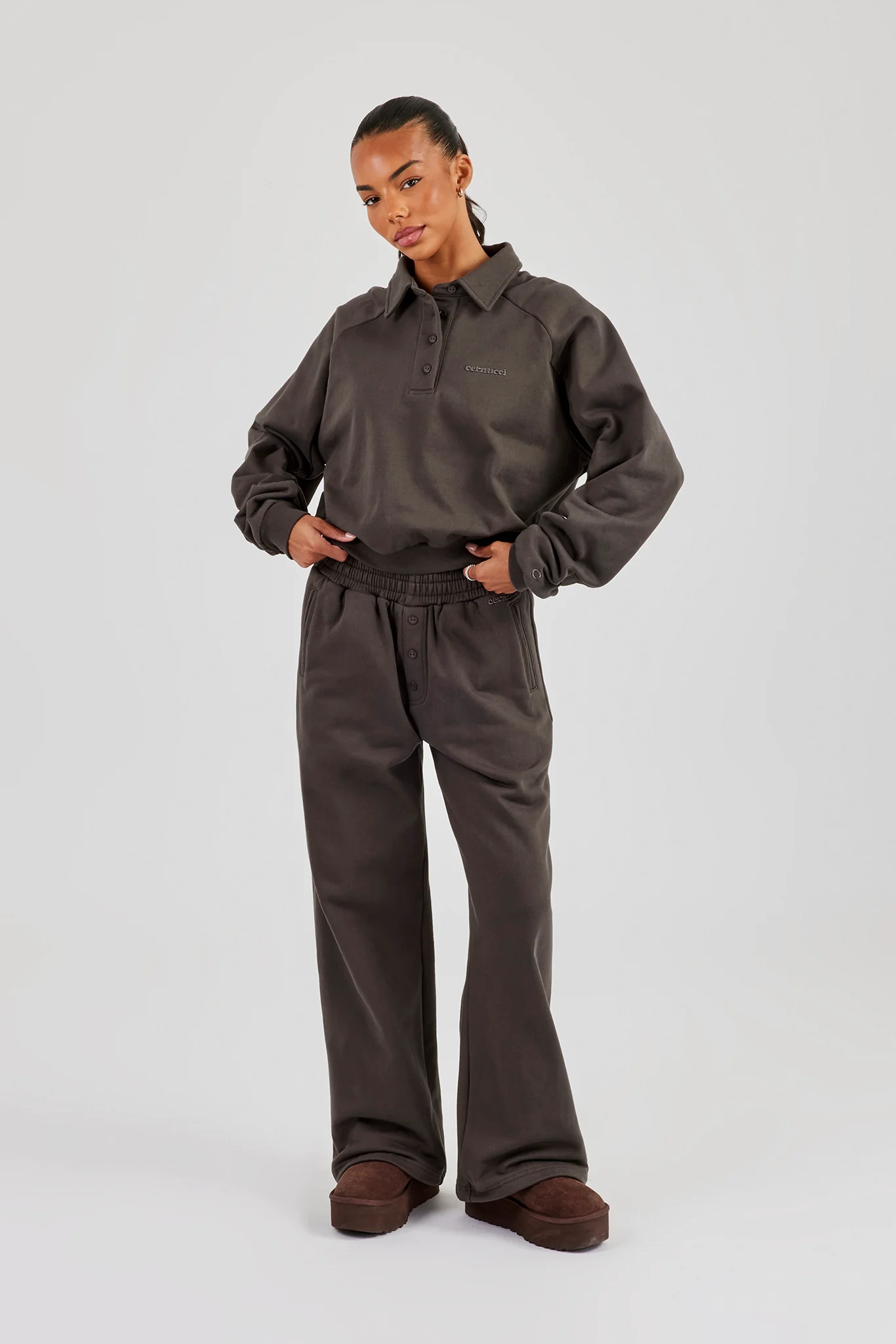 Polo Sweatshirt & Wide Leg Jogger - Coffee