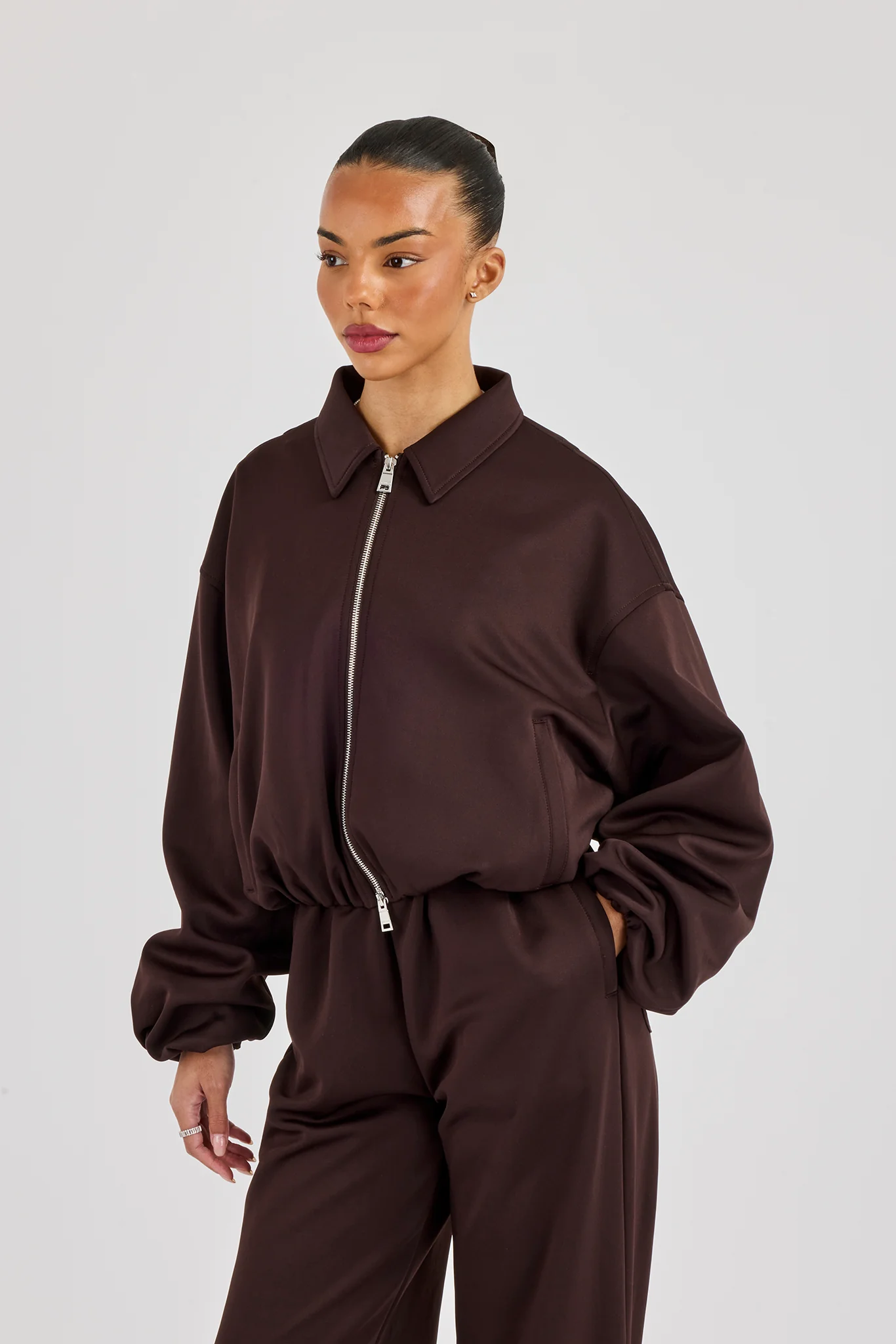 Poly Collared Bomber Jacket - Chocolate - Image 4