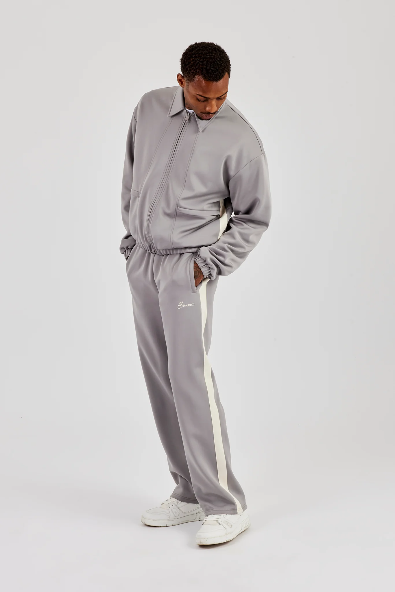 Poly Contrast Track Jacket & Relaxed Trouser - Grey - Image 4
