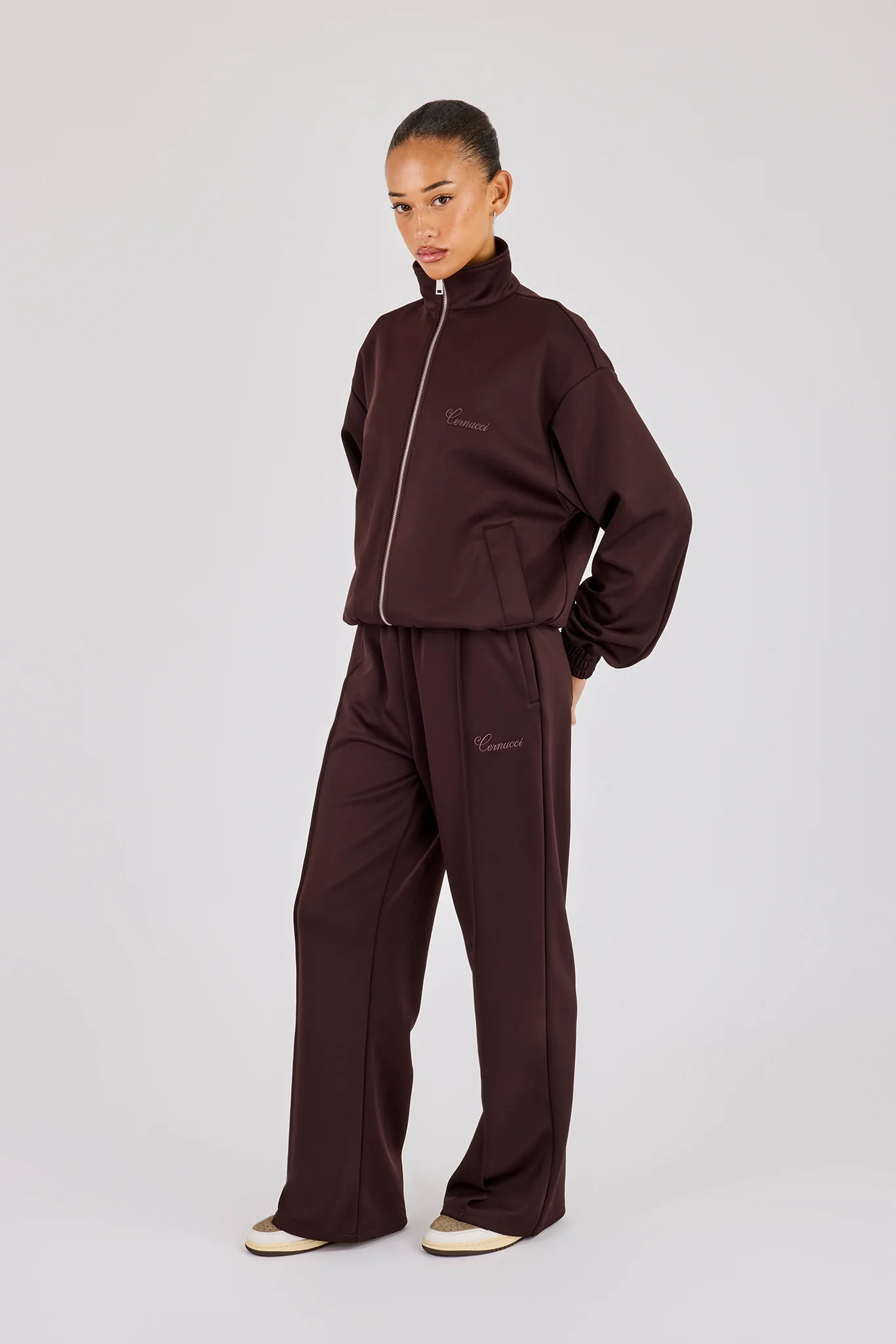 Poly Embroidered Track Jacket & Wide Leg Jogger - Brown - Image 2