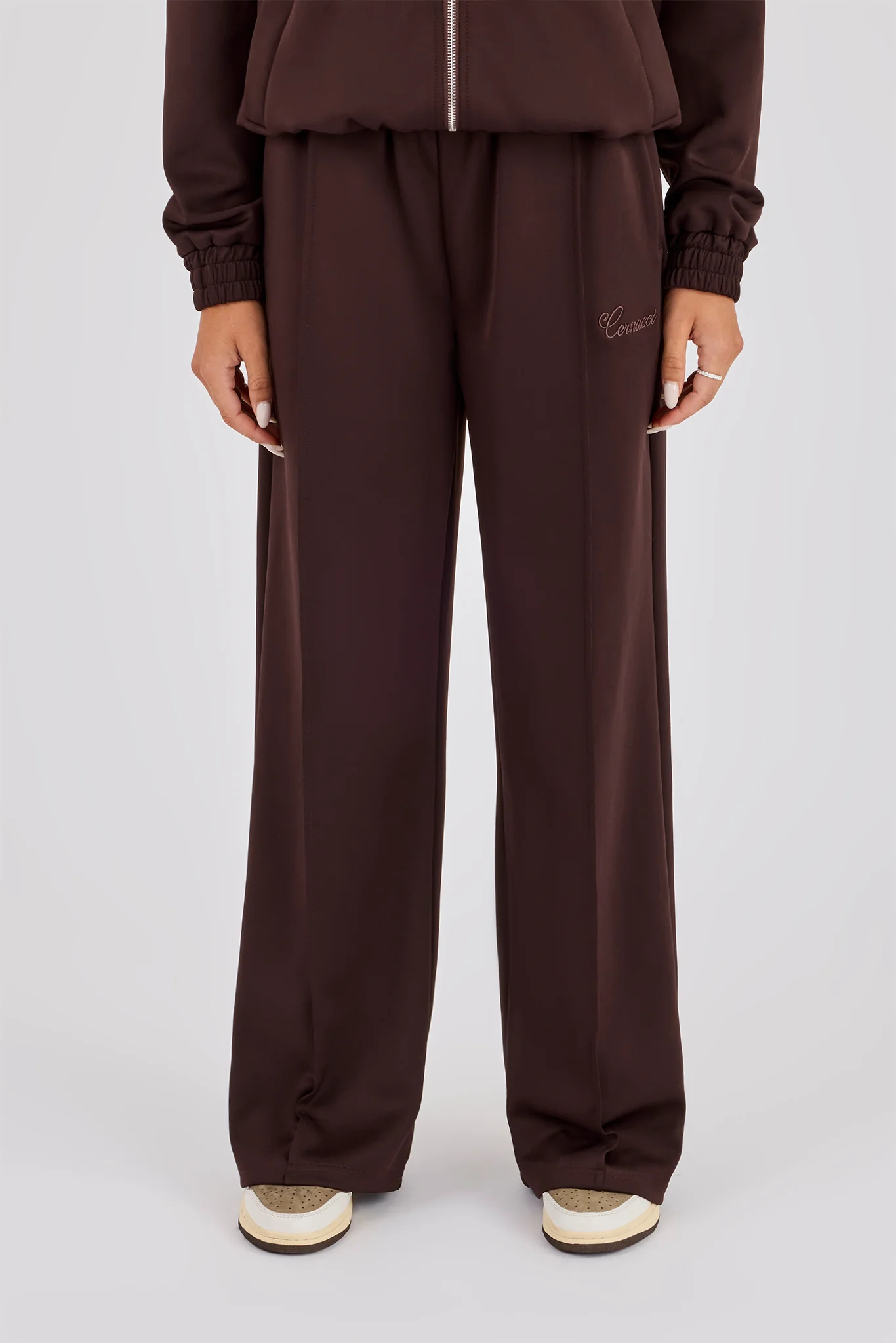 Poly Embroidered Wide Leg Jogger - Brown - Image 2
