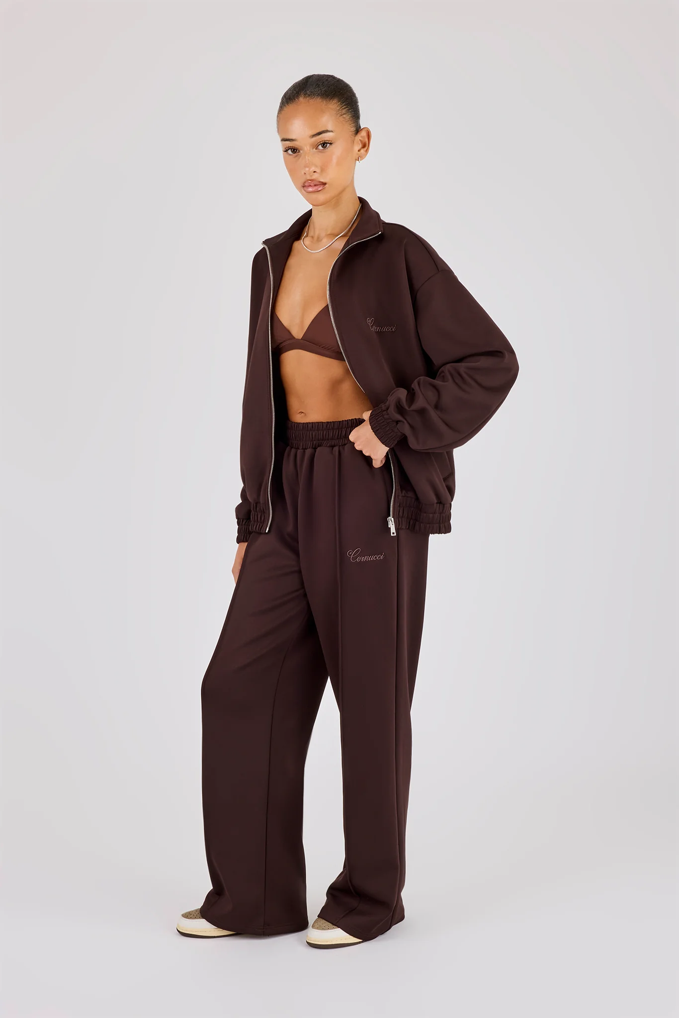 Poly Embroidered Wide Leg Jogger - Brown - Image 4