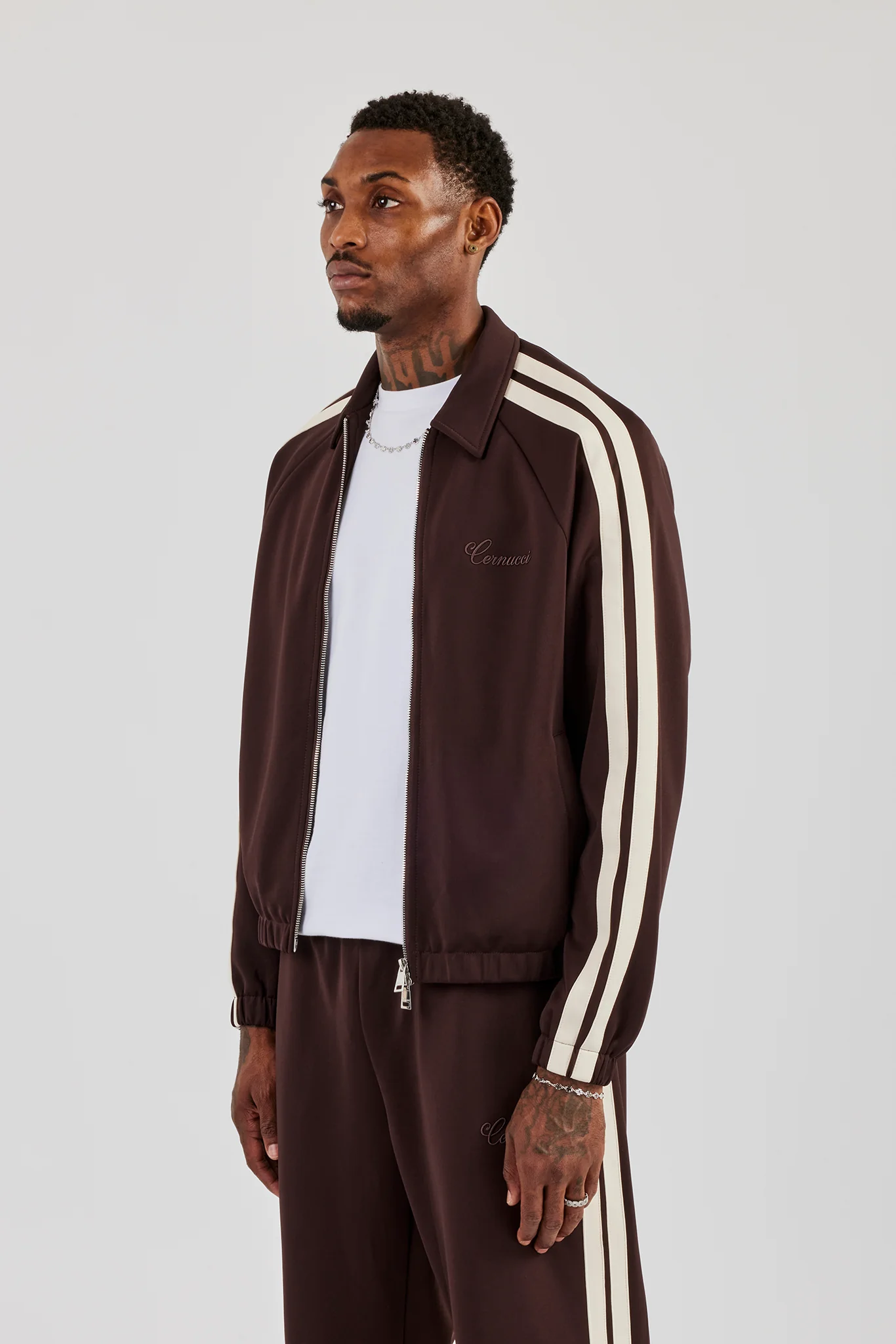 Poly Track Jacket With Side Stripes - Coffee - Image 3