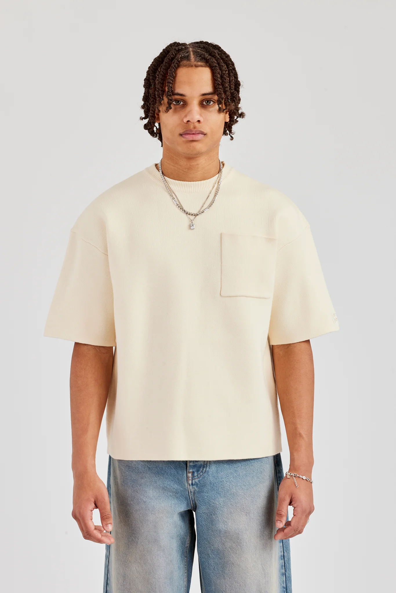 Premium Knitted Short Sleeve Boxy T-Shirt - Off White