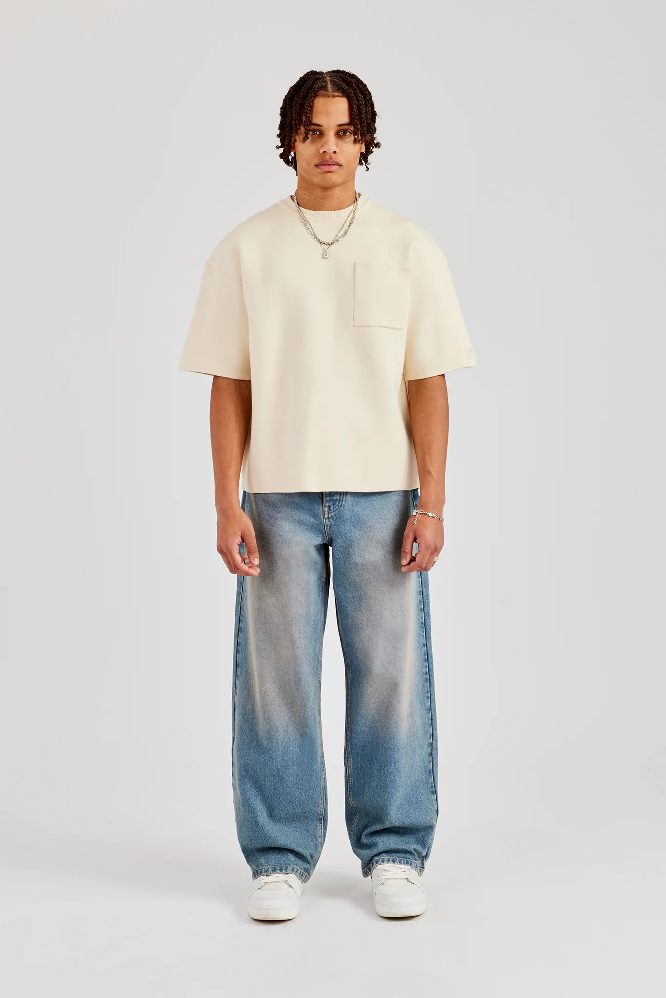 Premium Knitted Short Sleeve Boxy T-Shirt - Off White - Image 5
