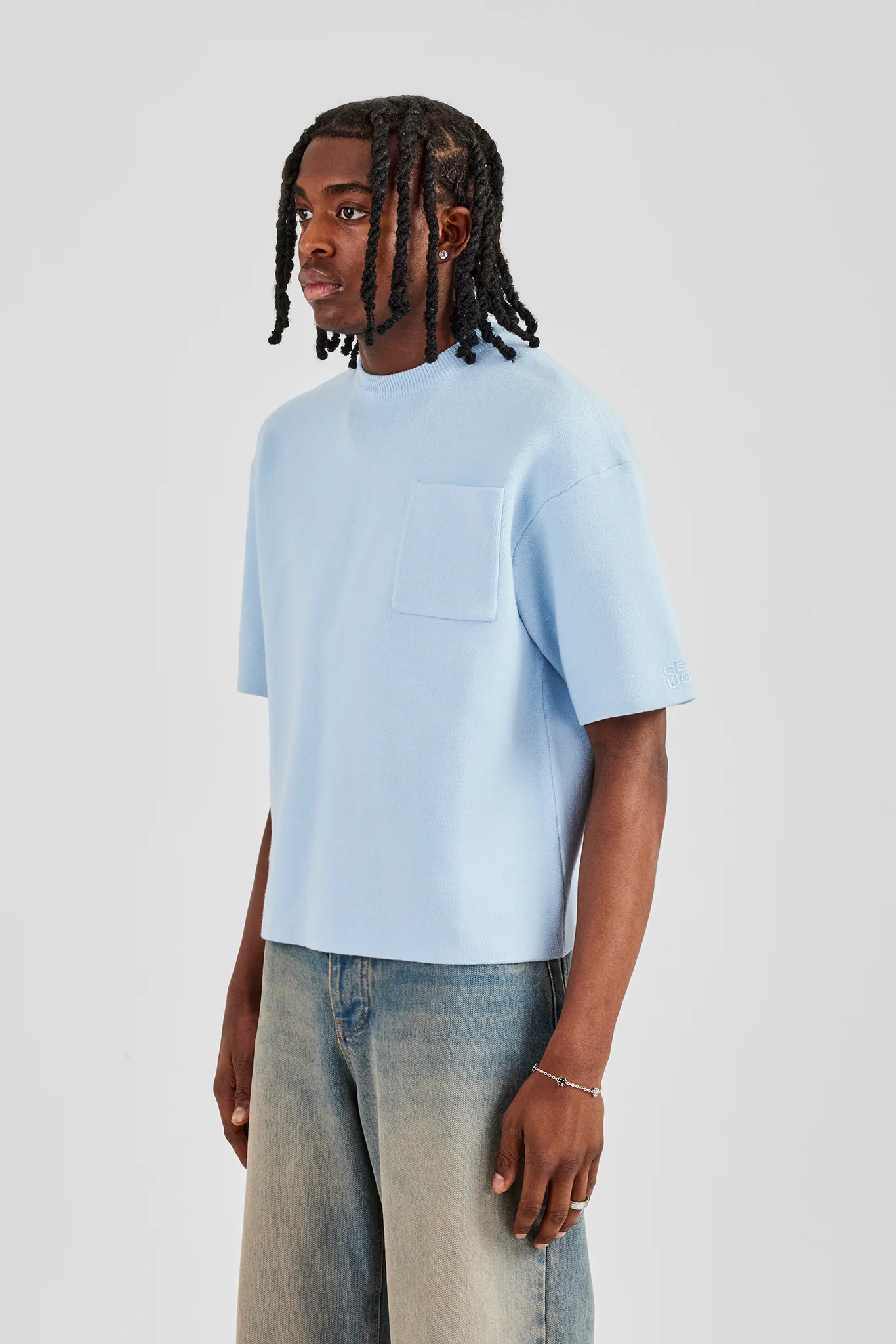 Premium Knitted Short Sleeve Boxy T-Shirt - Powder Blue - Image 2