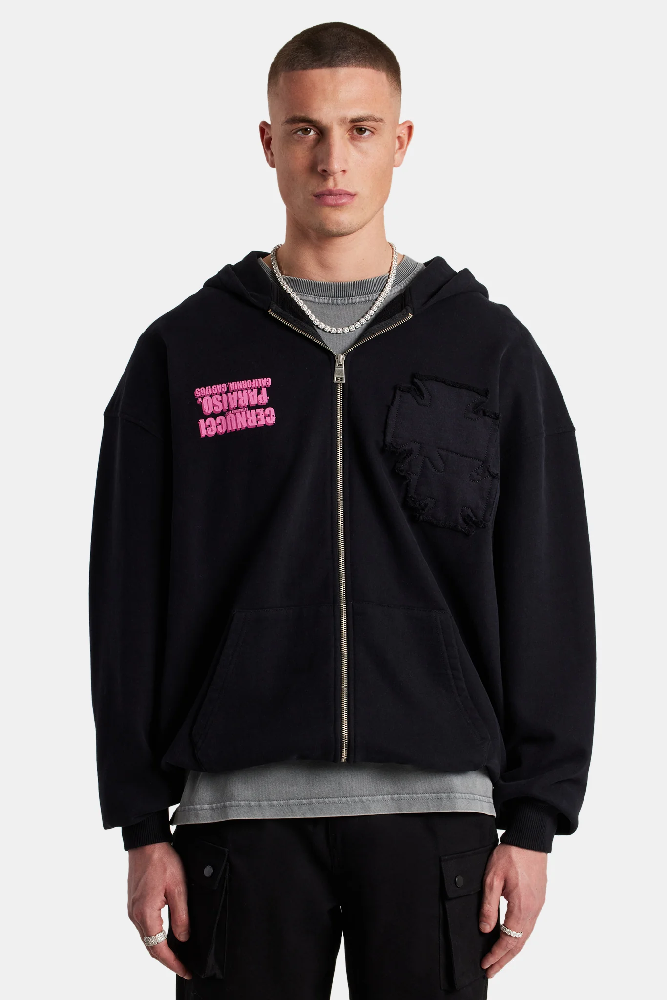 Printed Applique Zip Hoodie - Black - Image 3