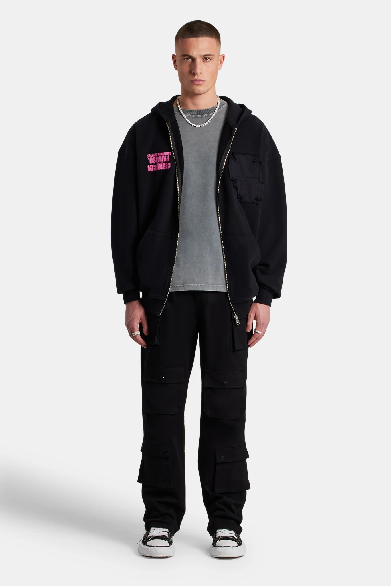 Printed Applique Zip Hoodie - Black - Image 4