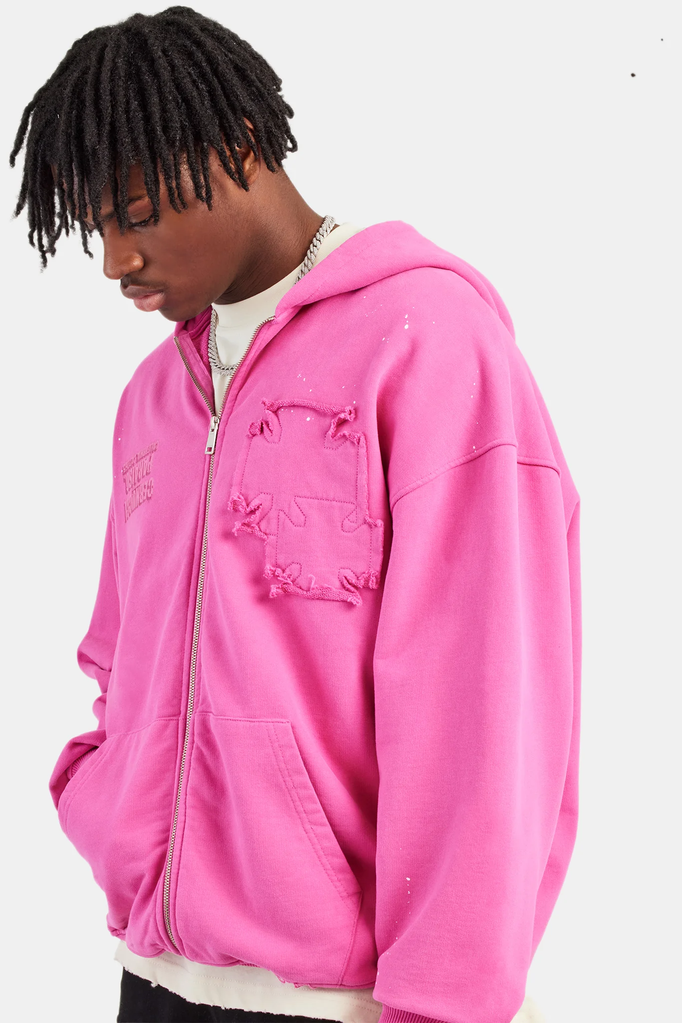 Printed Applique Zip Hoodie - Pink - Image 3