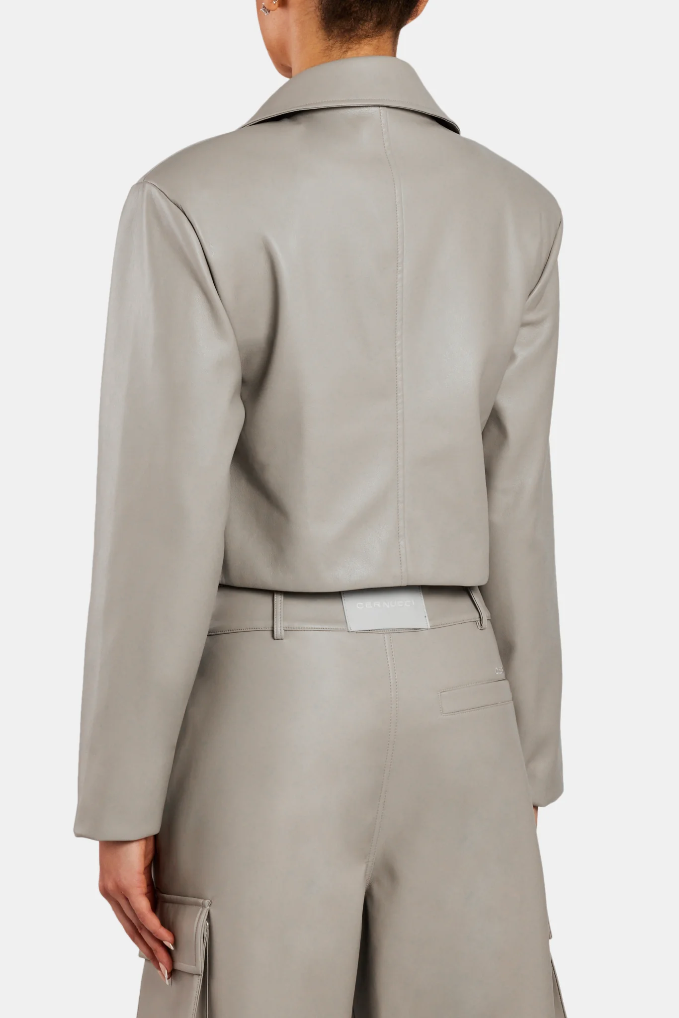 PU Cropped Jacket With Shoulder Pads - Beige - Image 2
