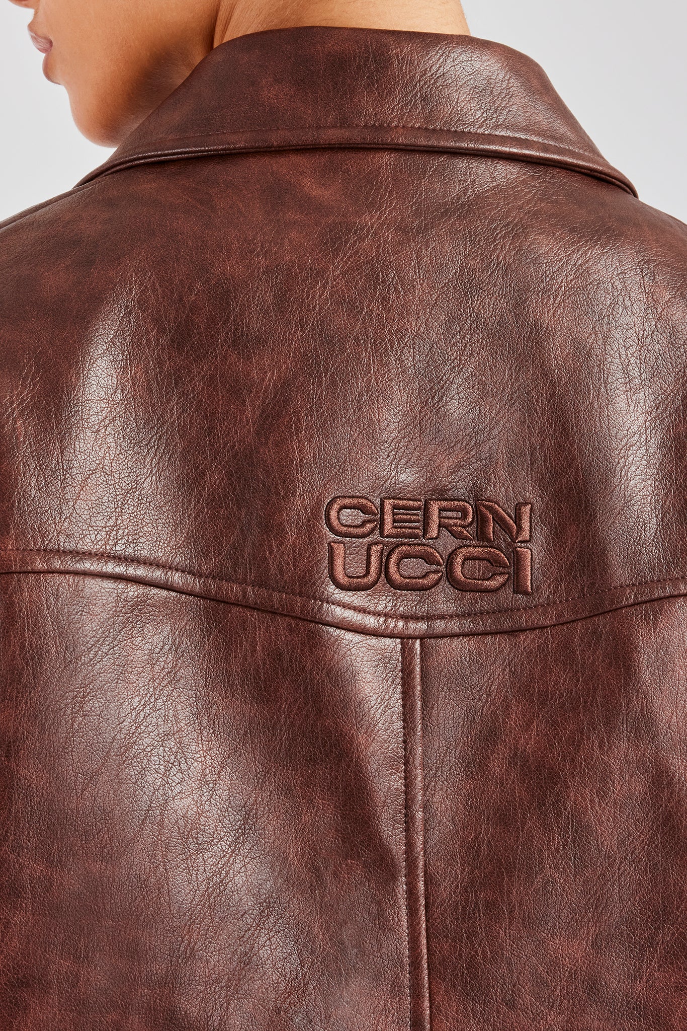 PU Embroidered Harrington Jacket - Brown - Image 4