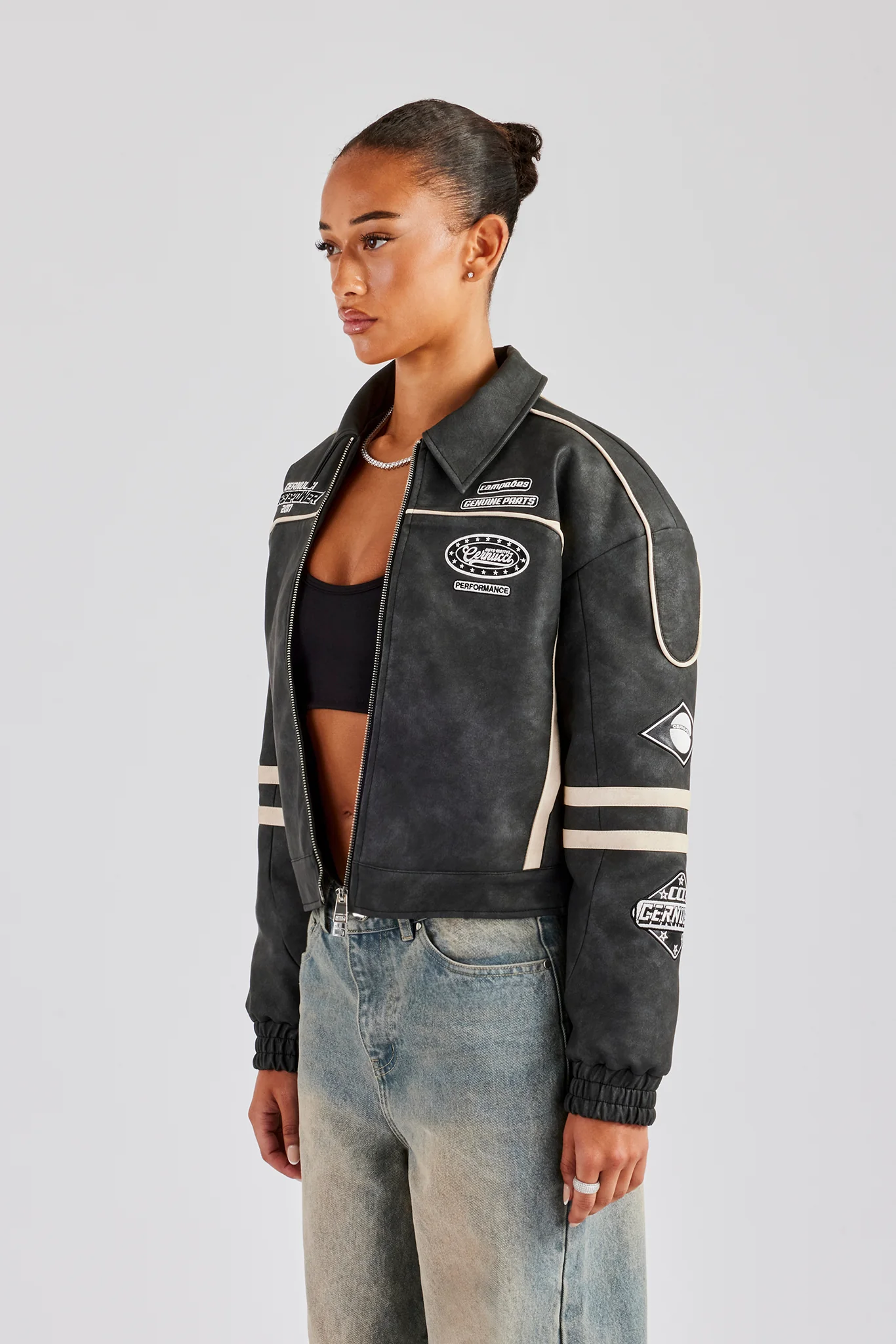 PU Moto Badge Harrington Jacket - Charcoal - Image 3