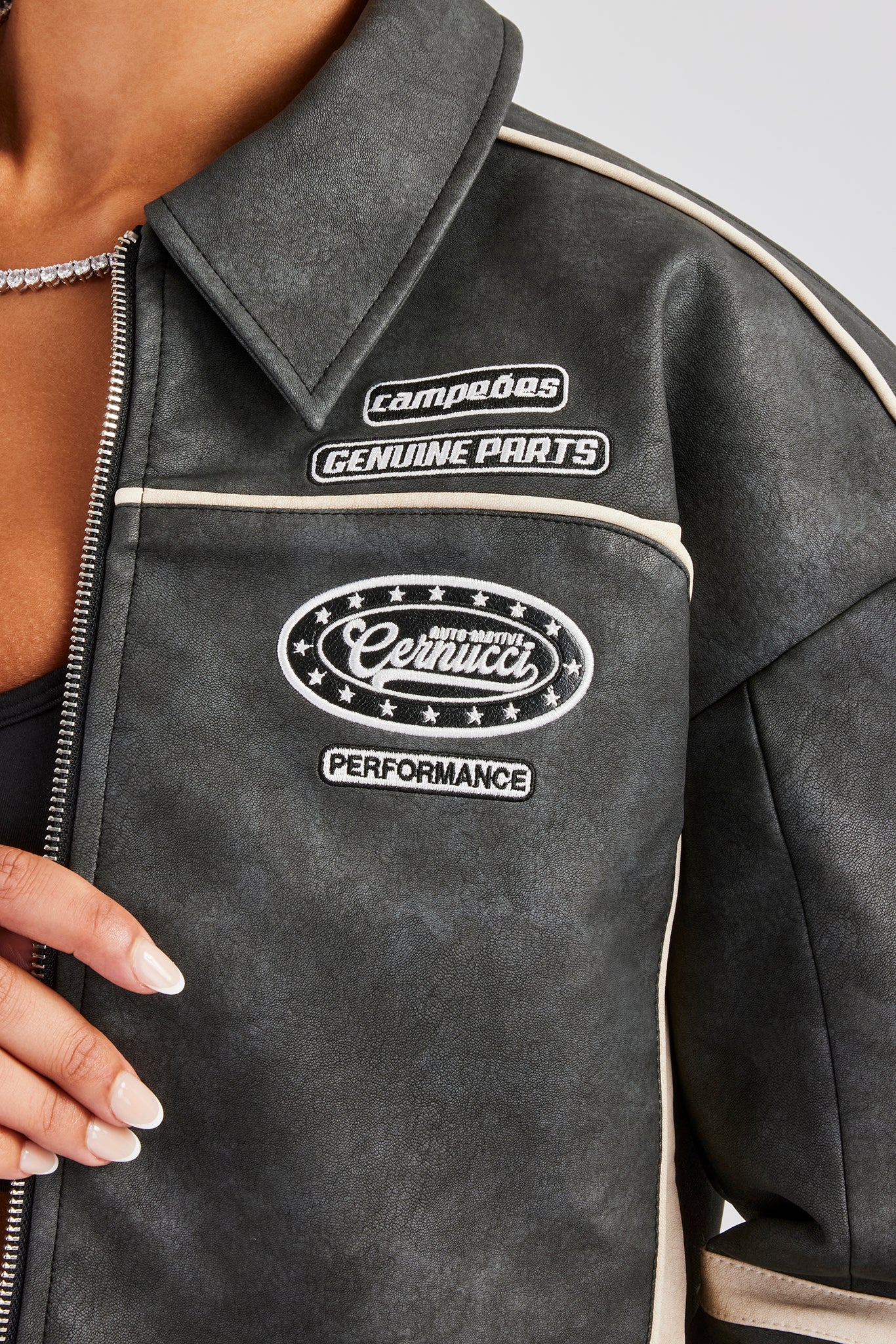 PU Moto Badge Harrington Jacket - Charcoal - Image 4