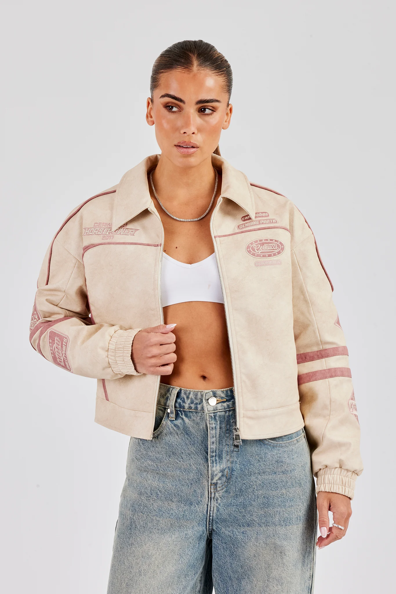 PU Moto Badge Harrington Jacket - Off White