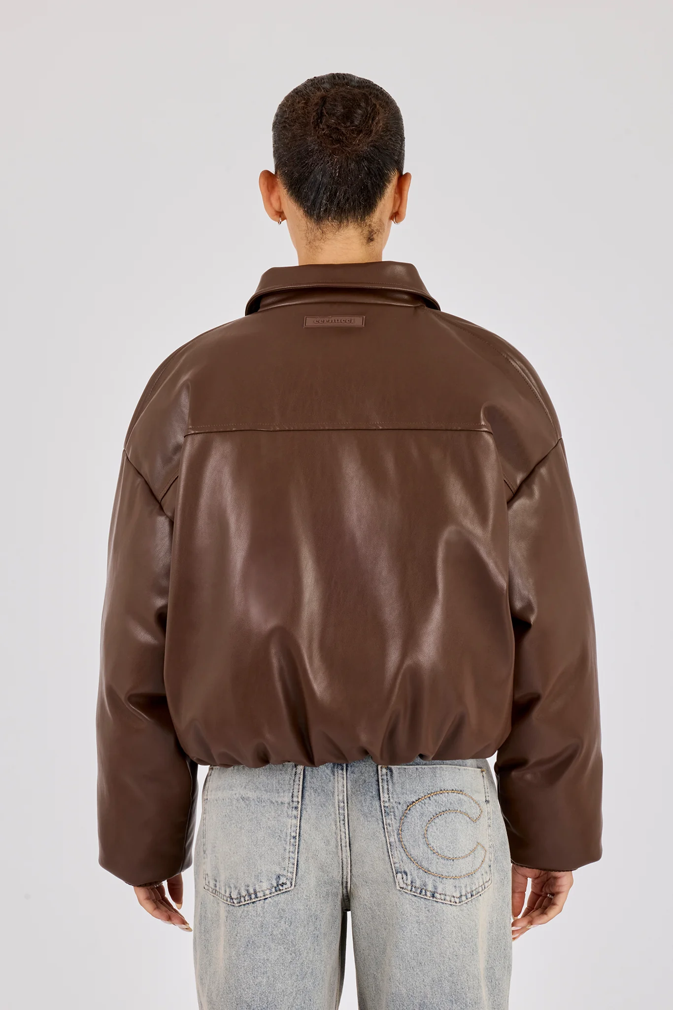 PU Padded Collared Bomber Jacket - Brown - Image 2