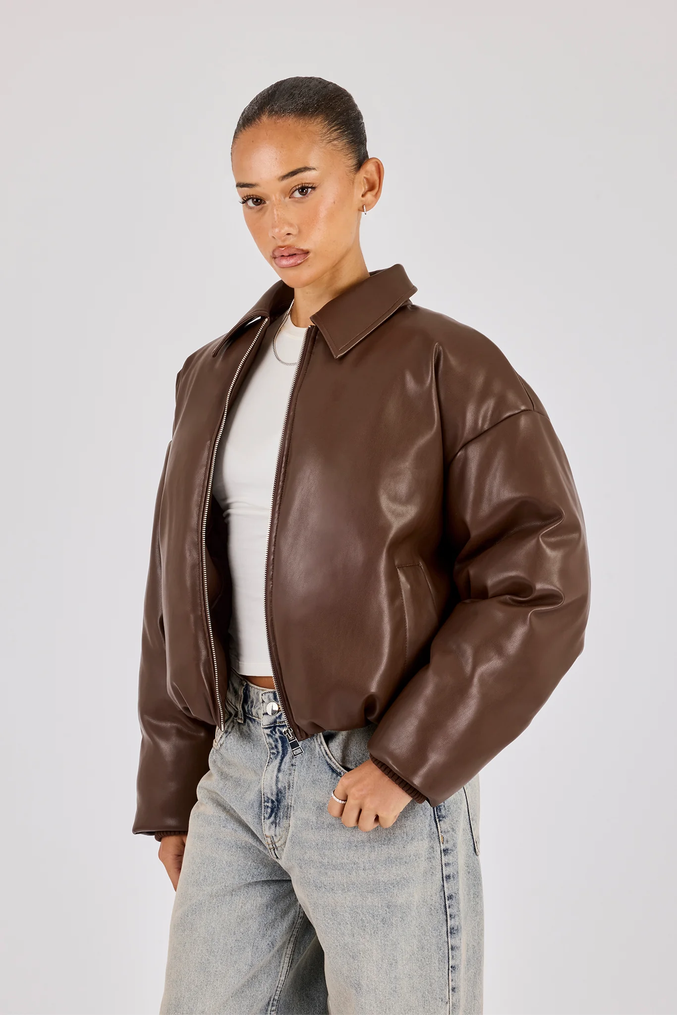 PU Padded Collared Bomber Jacket - Brown - Image 4