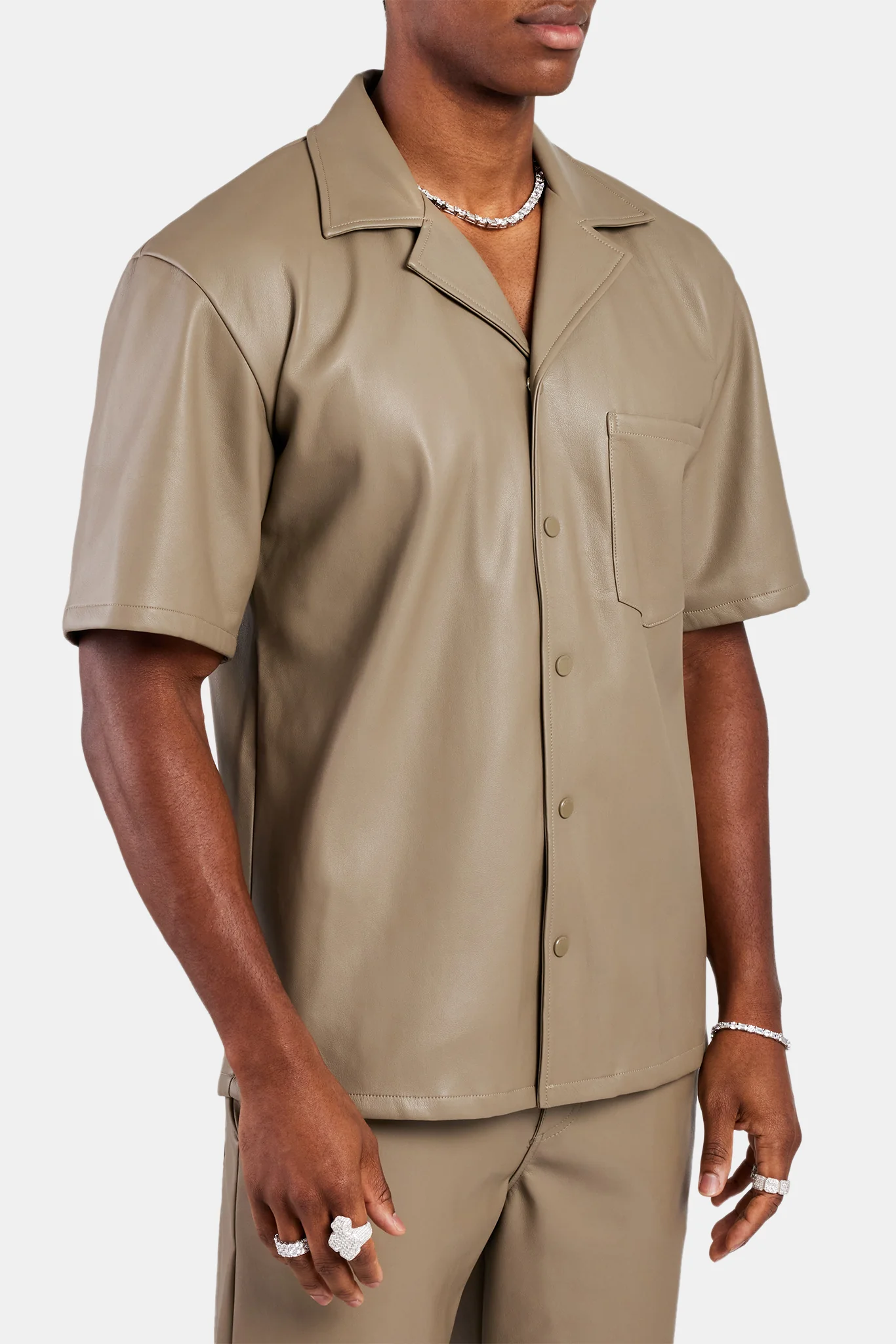 Faux Leather Shirt With Pocket - Taupe - Image 3