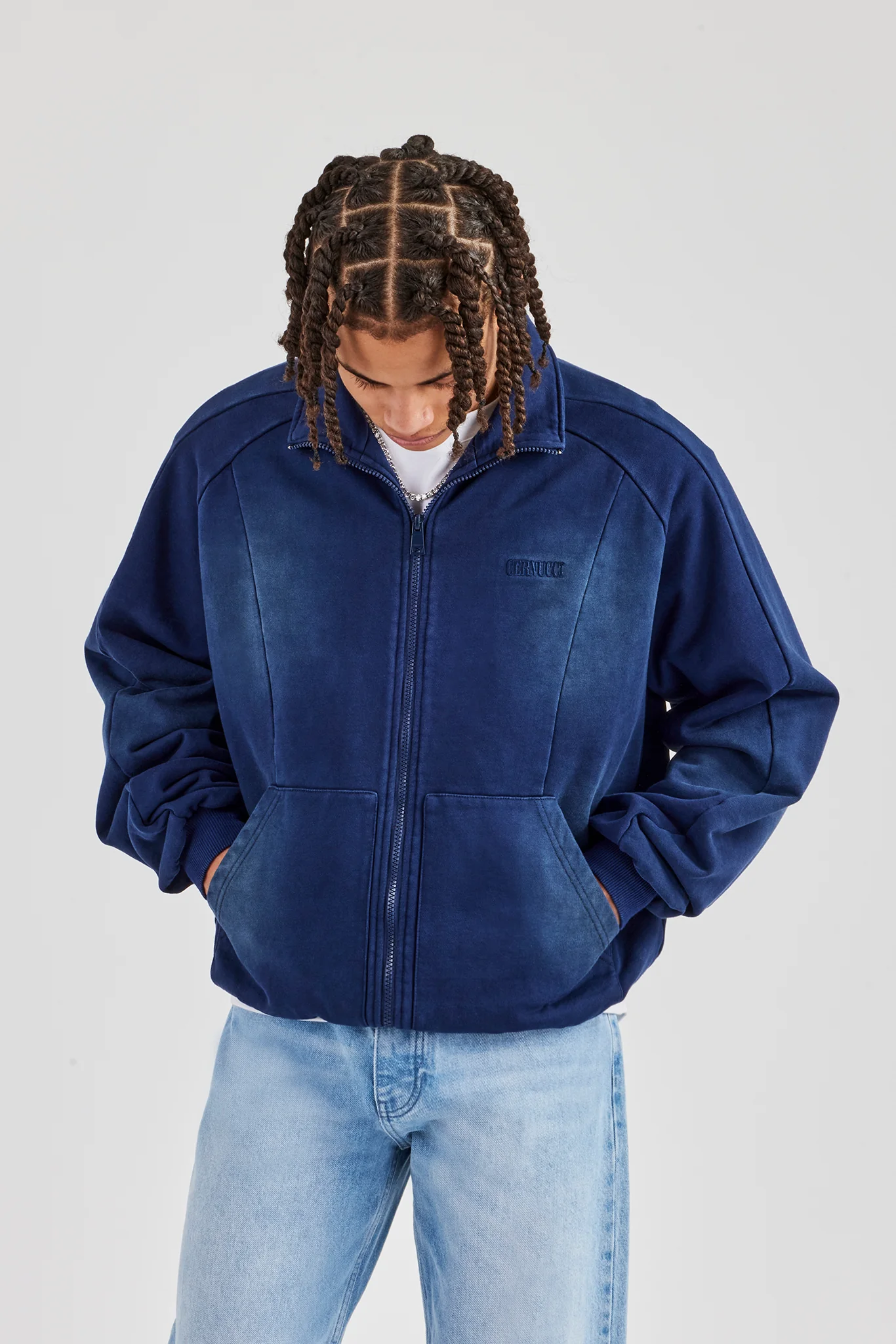 Washed Raglan Seam Detail Zip Through Hoodie - Navy Blue - Image 4