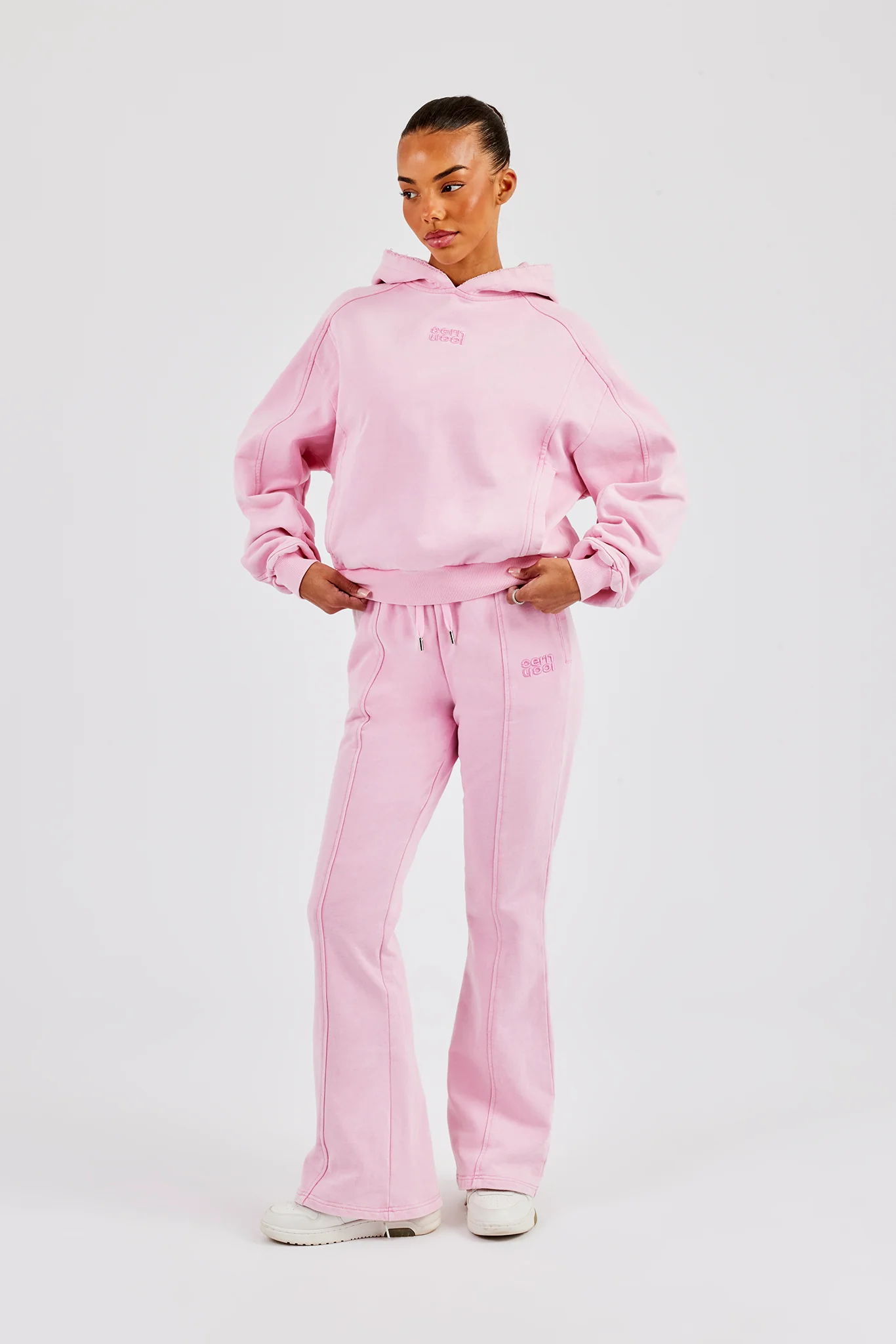 Raglan Washed Cropped Hoodie & Flare Trouser - Washed Pink - Image 2