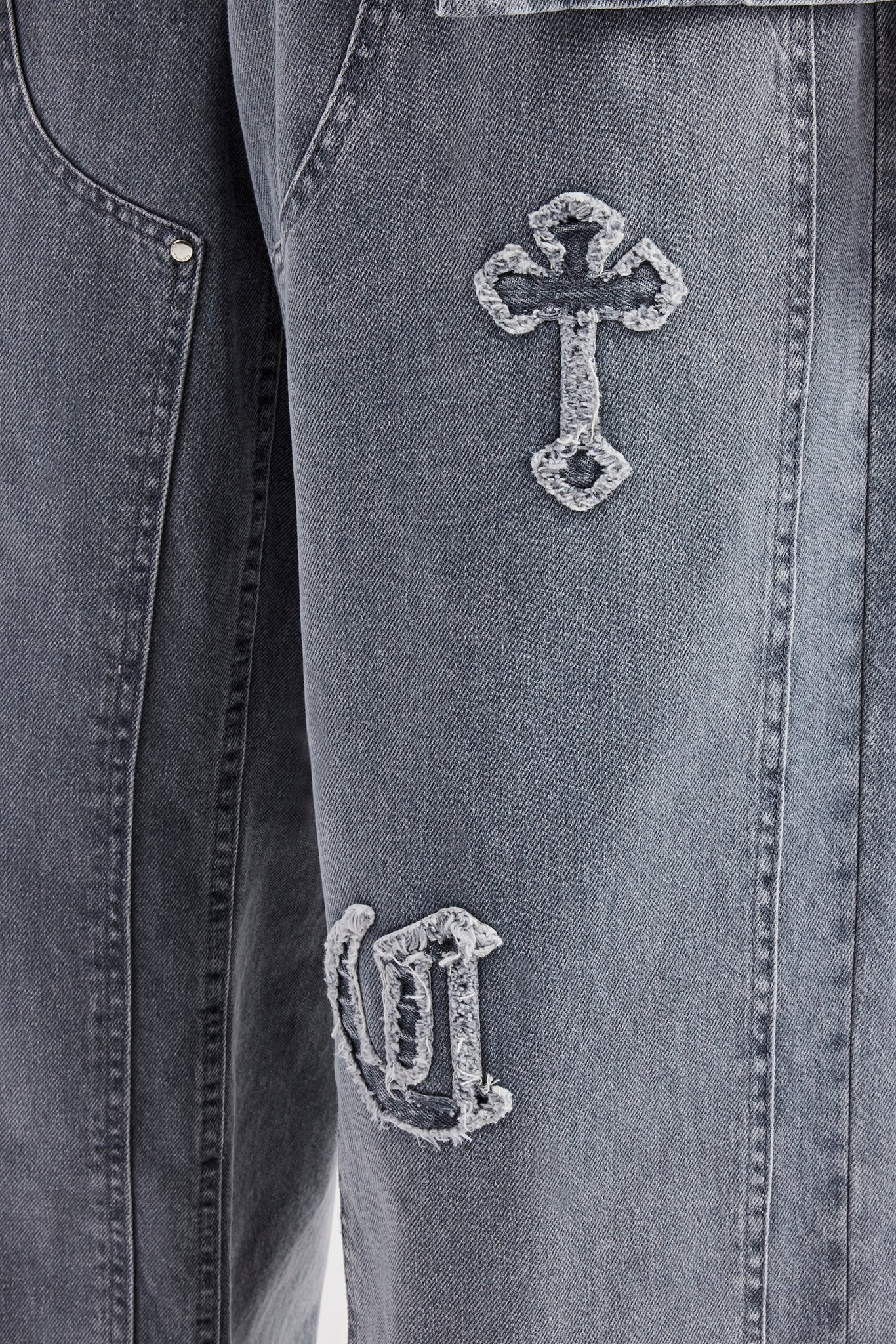 Raw Edge Applique Carpenter Denim Jeans - Washed Grey - Image 2