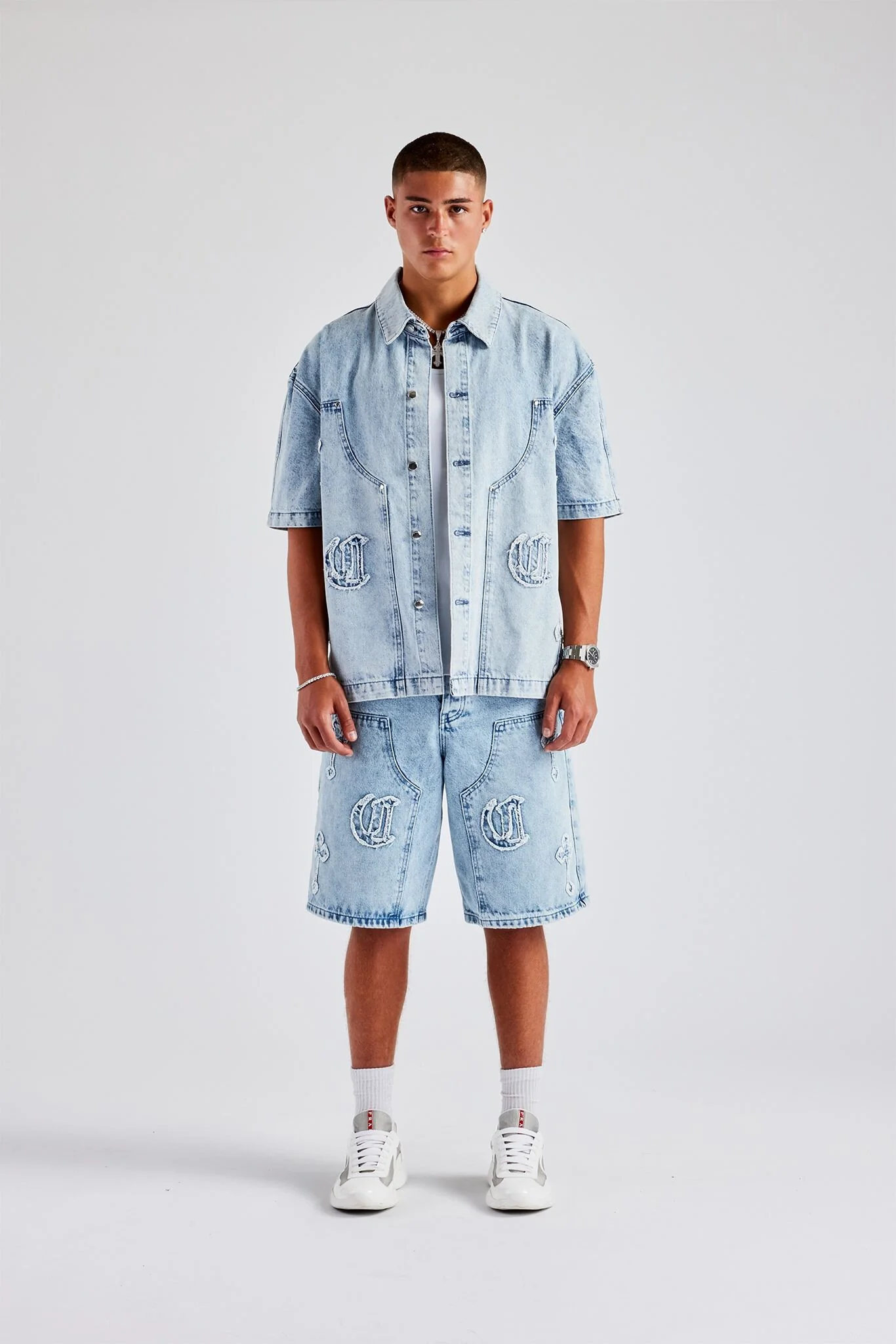 Raw Edge Applique Carpenter Denim Shirt & Bermuda Short - Ice Blue - Image 2