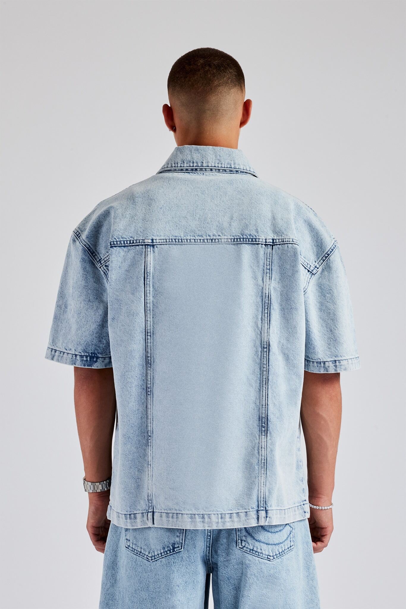 Raw Edge Applique Carpenter Denim Shirt - Ice Blue - Image 3