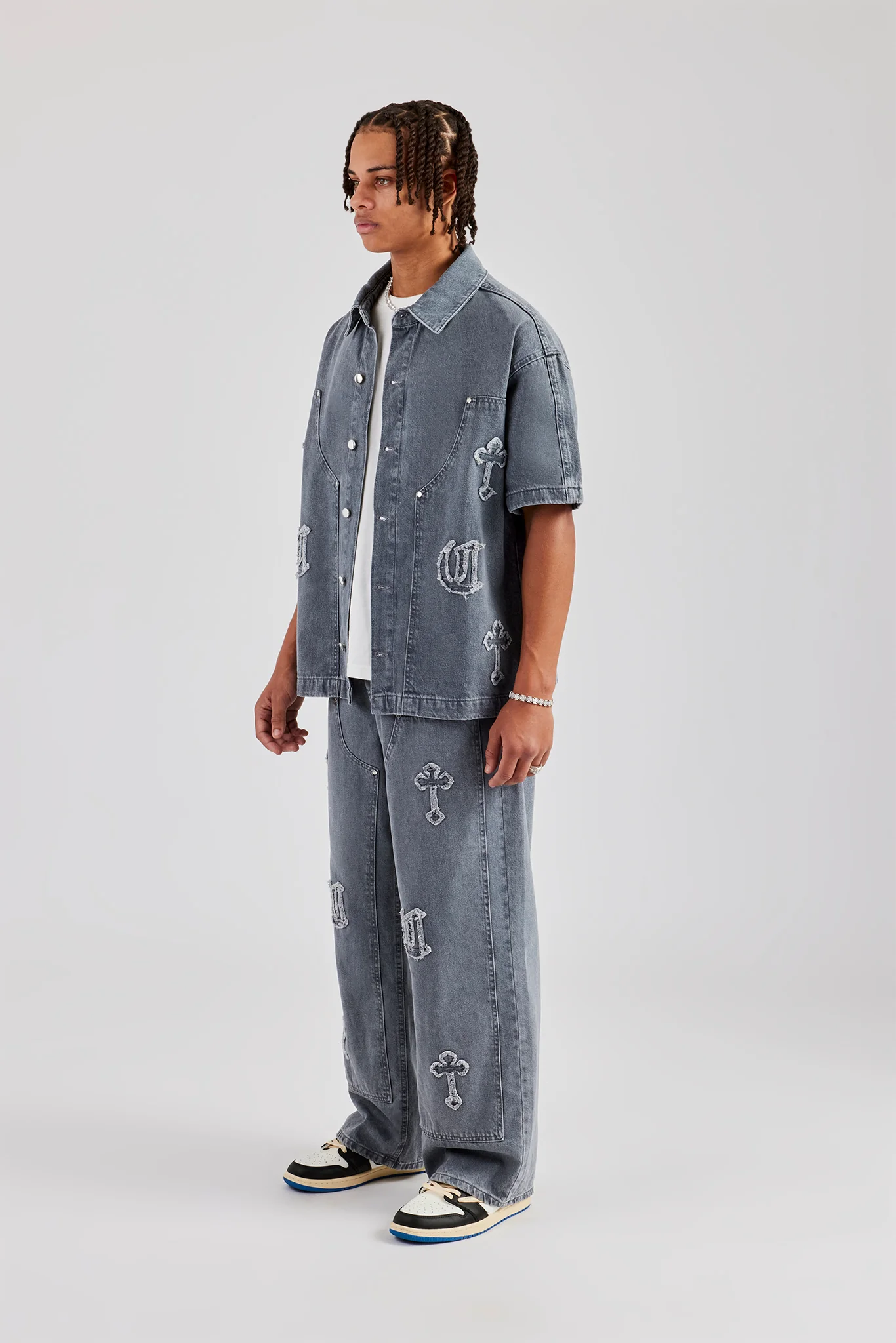 Raw Edge Applique Carpenter Denim Shirt & Jeans - Washed Grey - Image 3