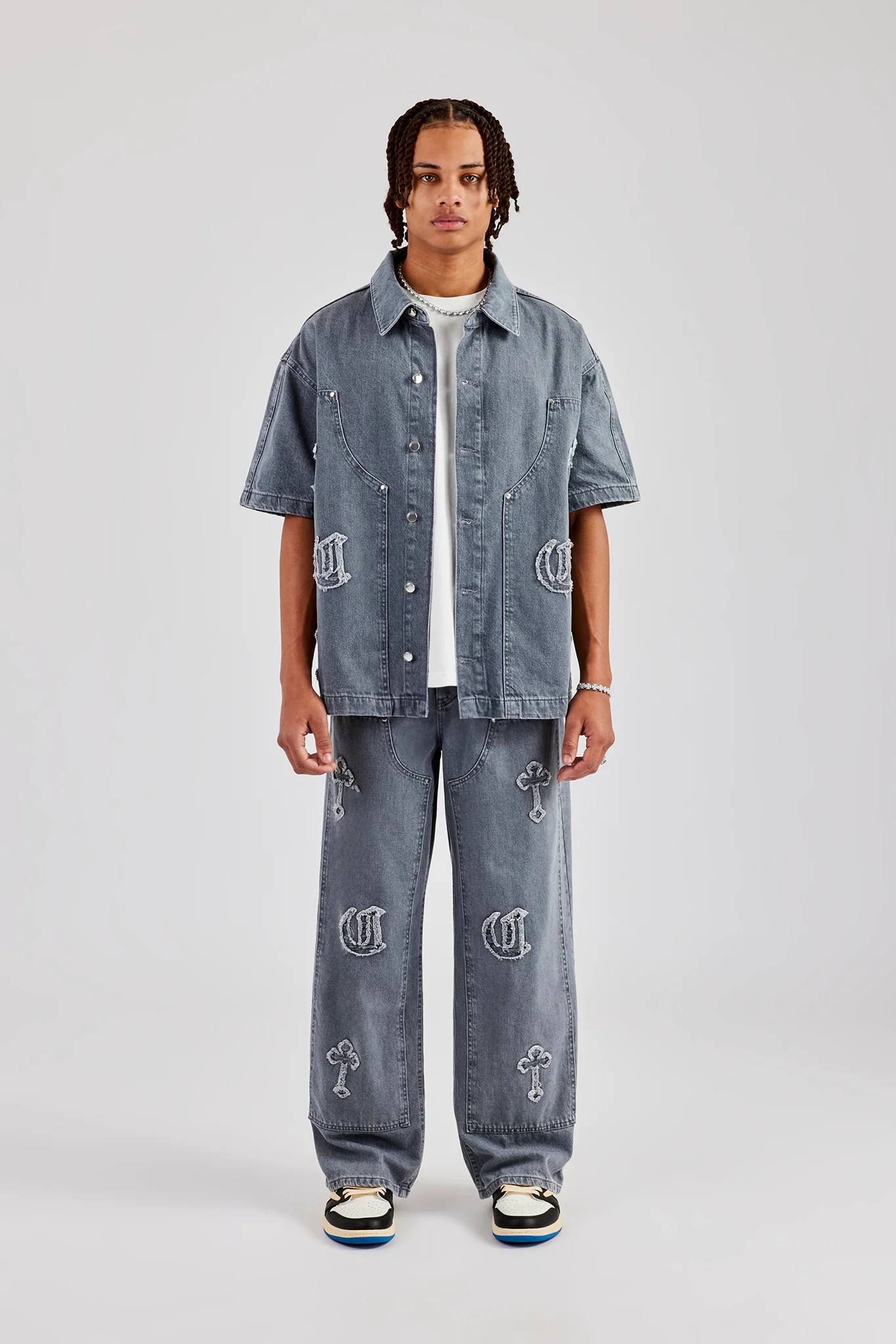Raw Edge Applique Carpenter Denim Shirt - Washed Grey - Image 2