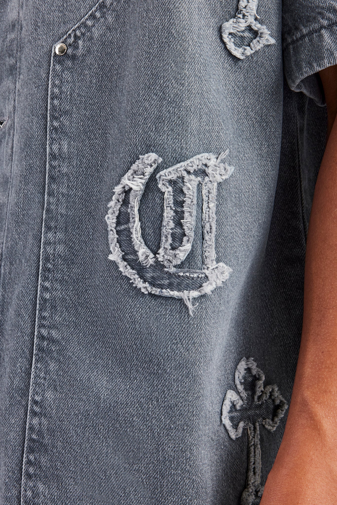 Raw Edge Applique Carpenter Denim Shirt - Washed Grey - Image 3