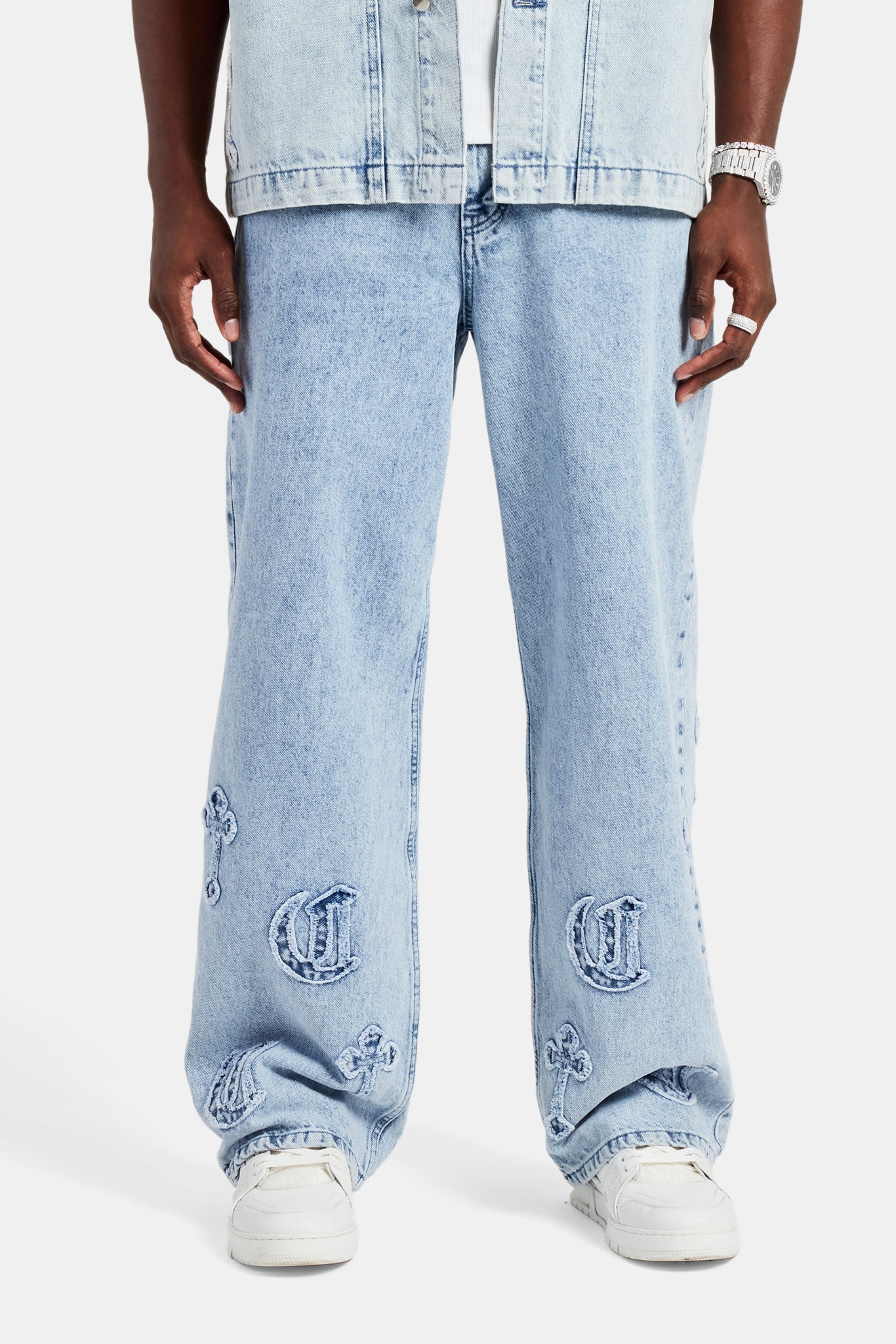 Raw Edge Applique Cross Baggy Jean - Light Blue - Image 2