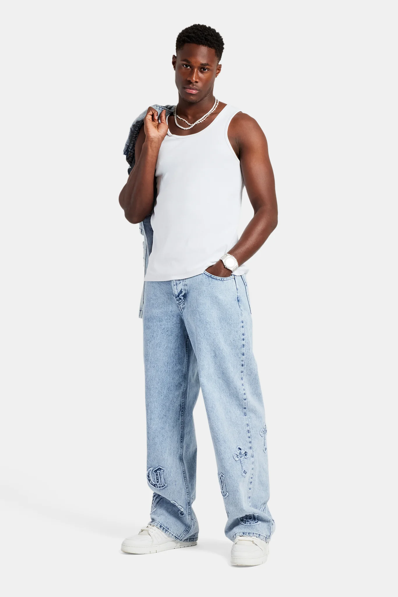 Raw Edge Applique Cross Baggy Jean - Light Blue - Image 3