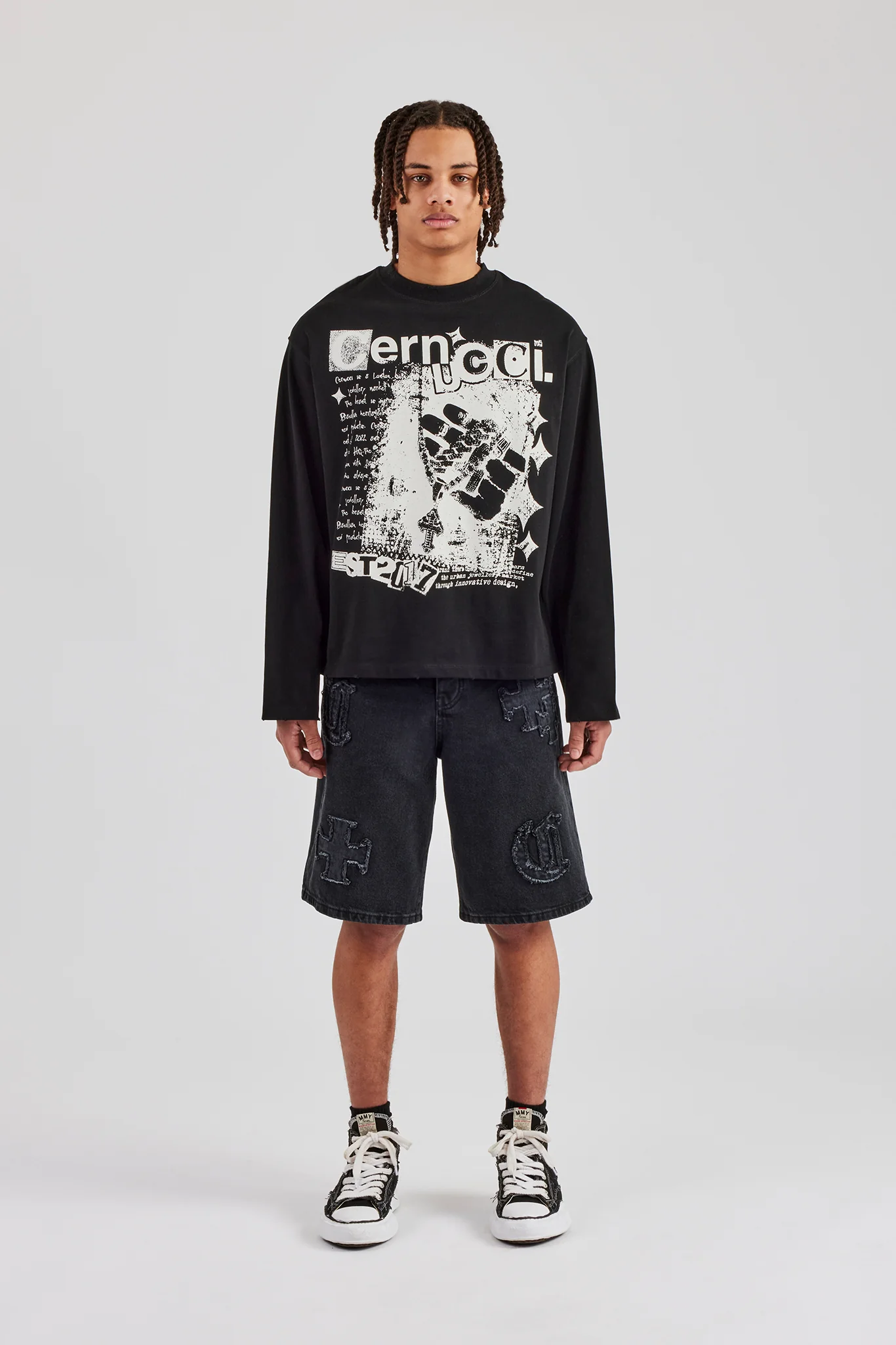 Raw Edge Applique Denim Bermuda Short - Black - Image 4