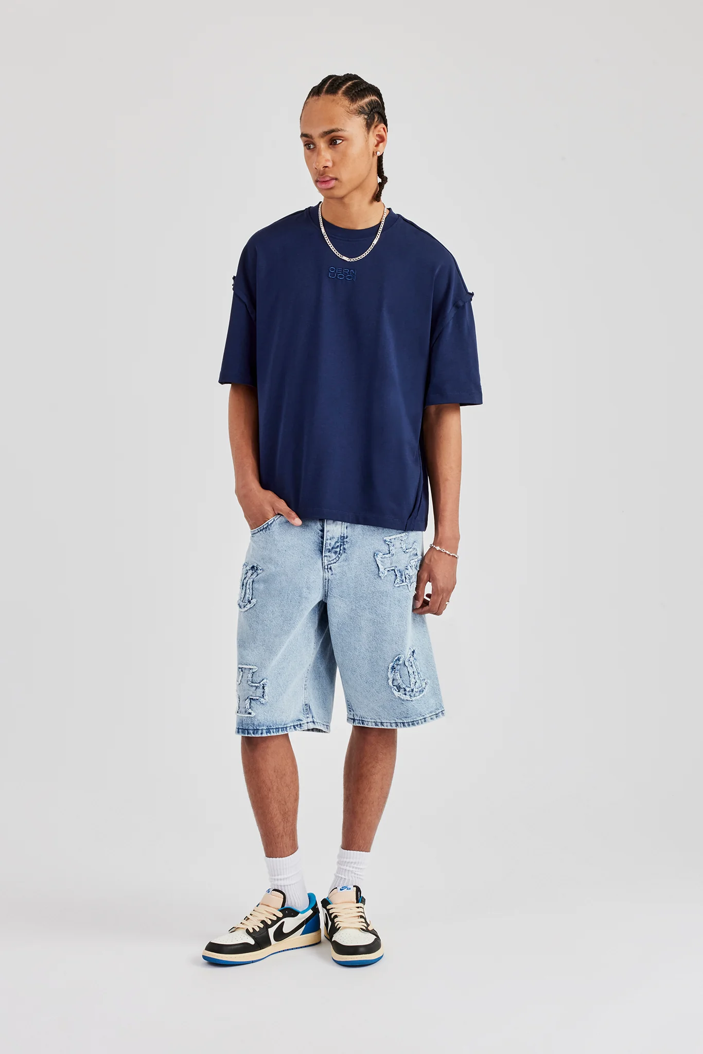 Raw Edge Applique Denim Bermuda Short - Light Blue - Image 10