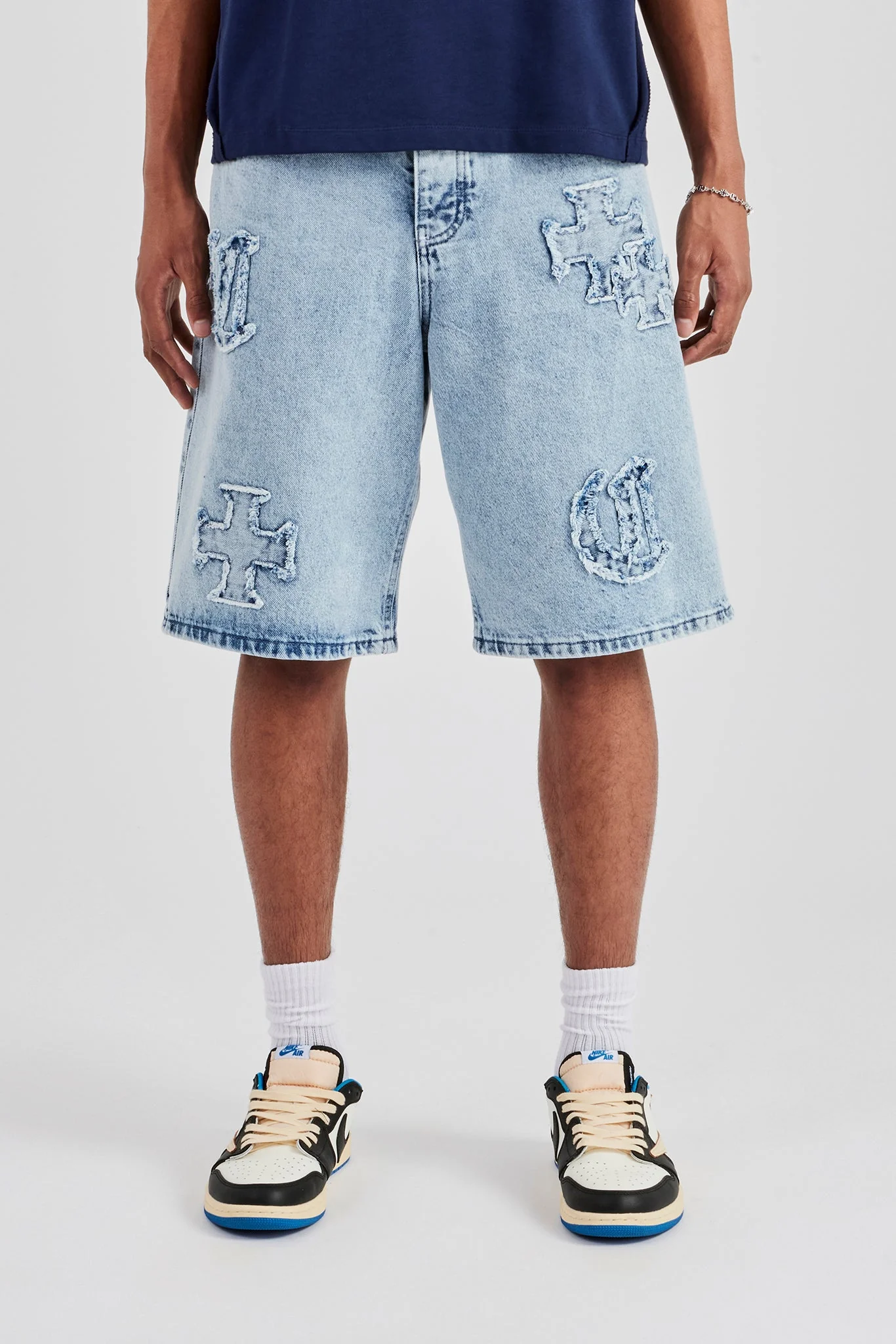 Raw Edge Applique Denim Bermuda Short - Light Blue - Image 2