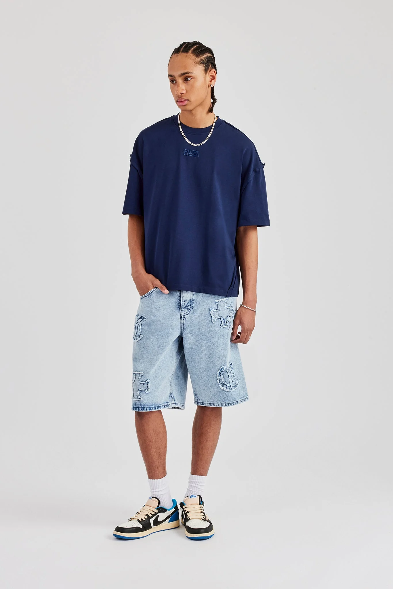 Raw Edge Applique Denim Bermuda Short - Light Blue - Image 5