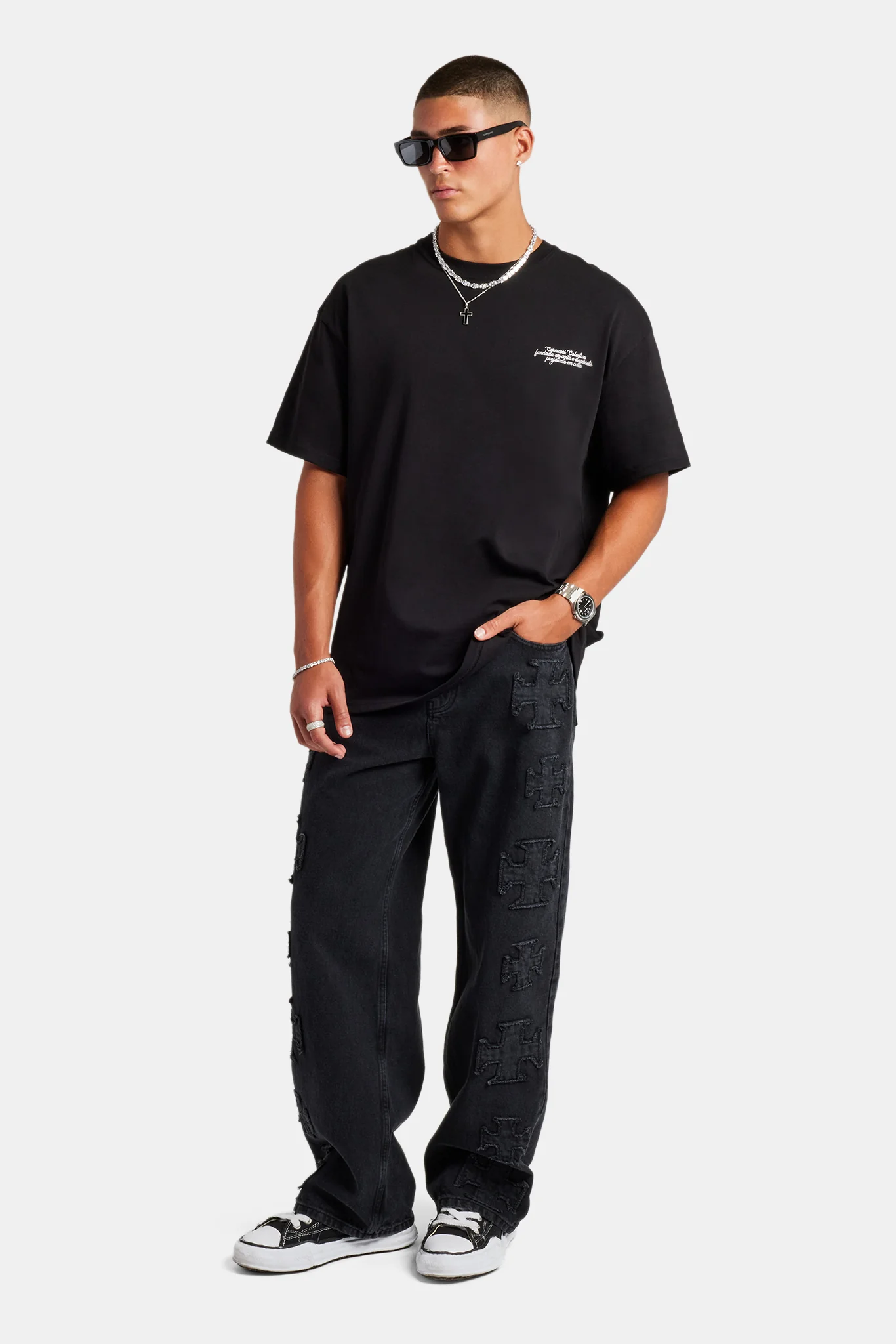 Raw Edge Applique Motif Jean - Washed Black - Image 4