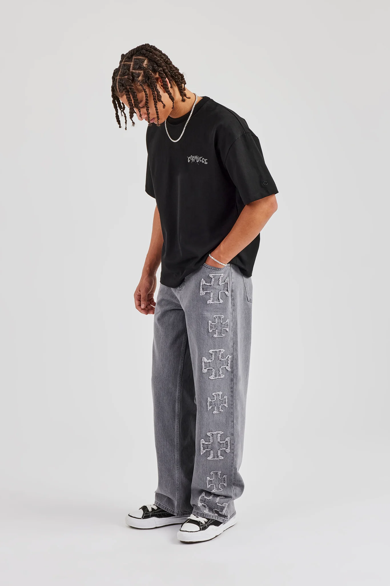 Raw Edge Baggy Applique Motif Jean - Washed Grey - Image 3