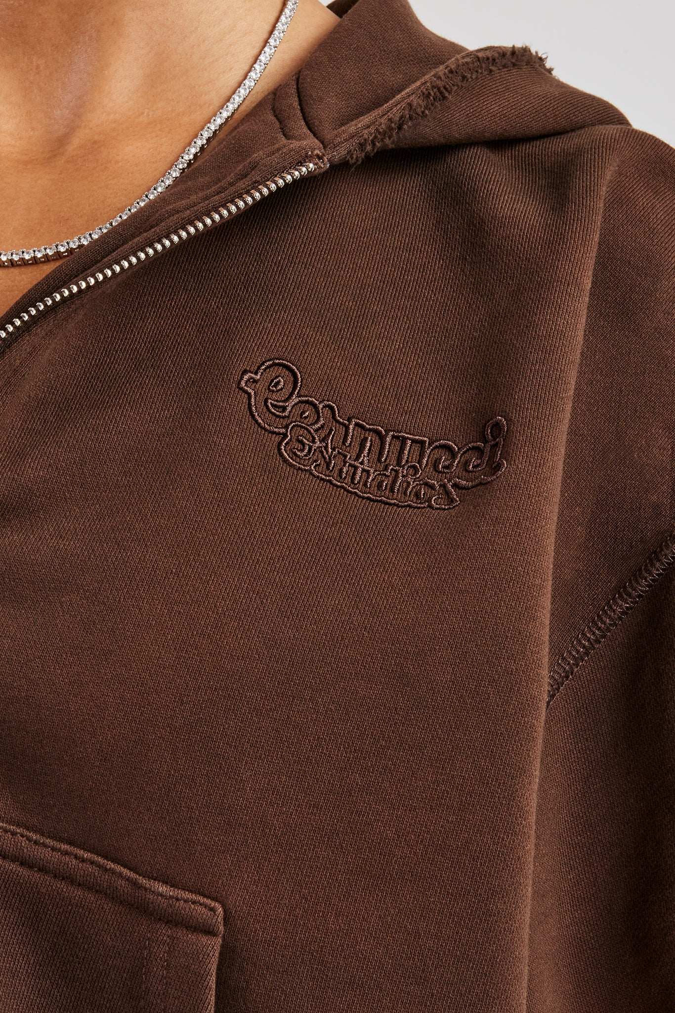 Raw Edge Boxy Fit Zip Through Hoodie - Chocolate - Image 2