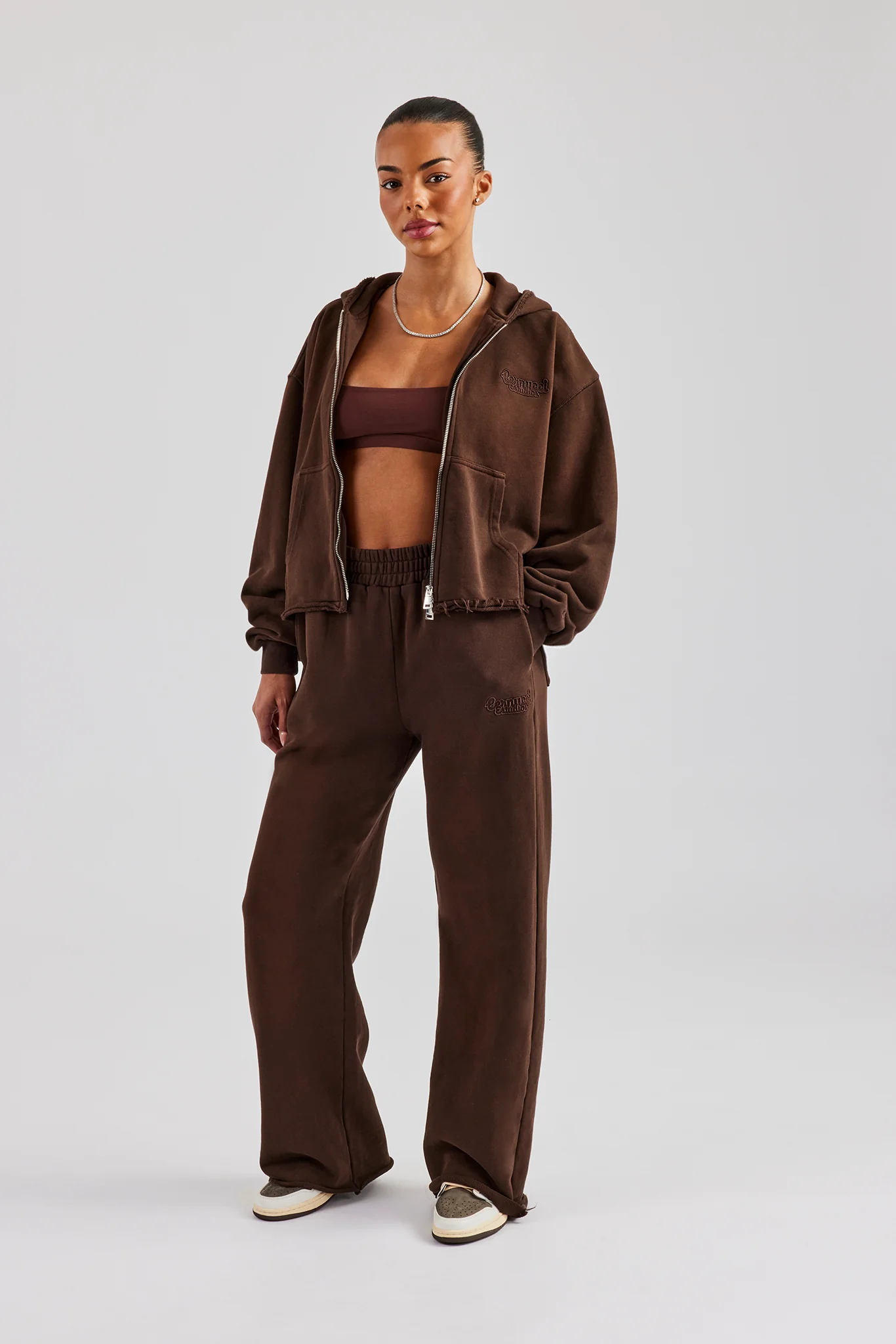 Raw Edge Boxy Fit Zip Through Tracksuit - Chocolate - Image 2