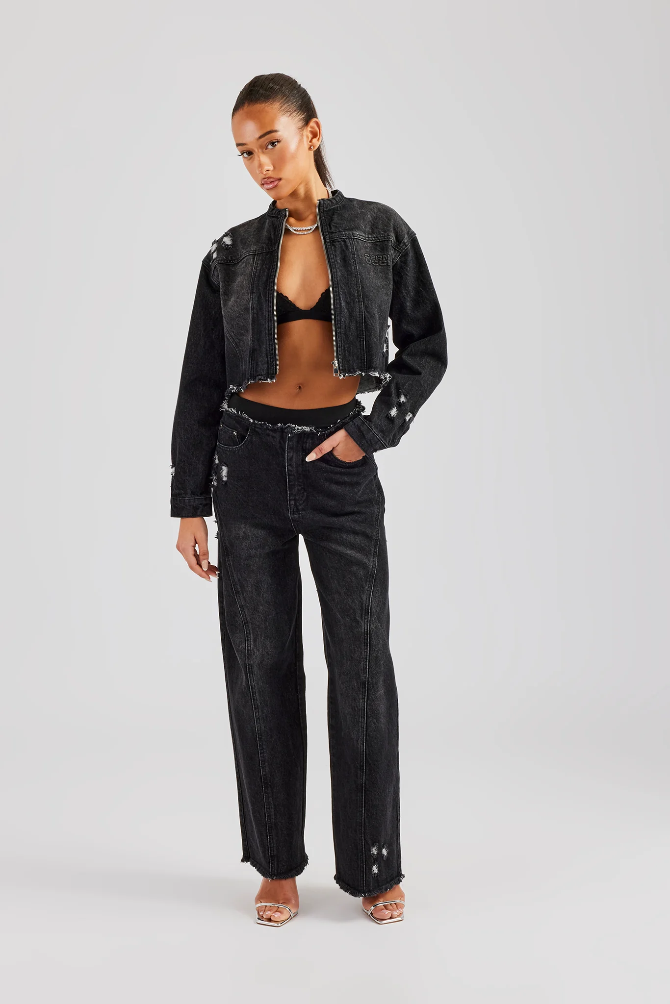Raw Edge Denim Set - Washed Black - Image 5