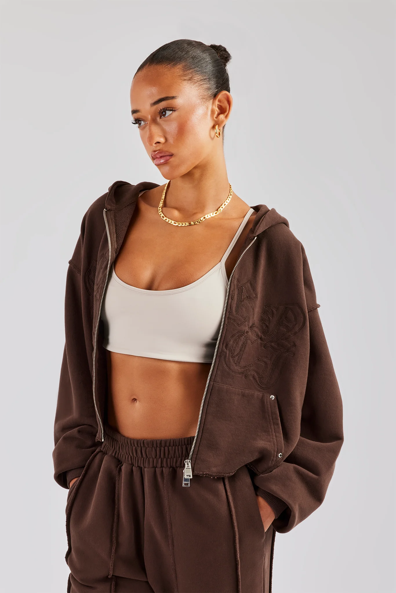 Raw Edge Zip Through Hoodie and Jogger Set - Chocolate - Image 2