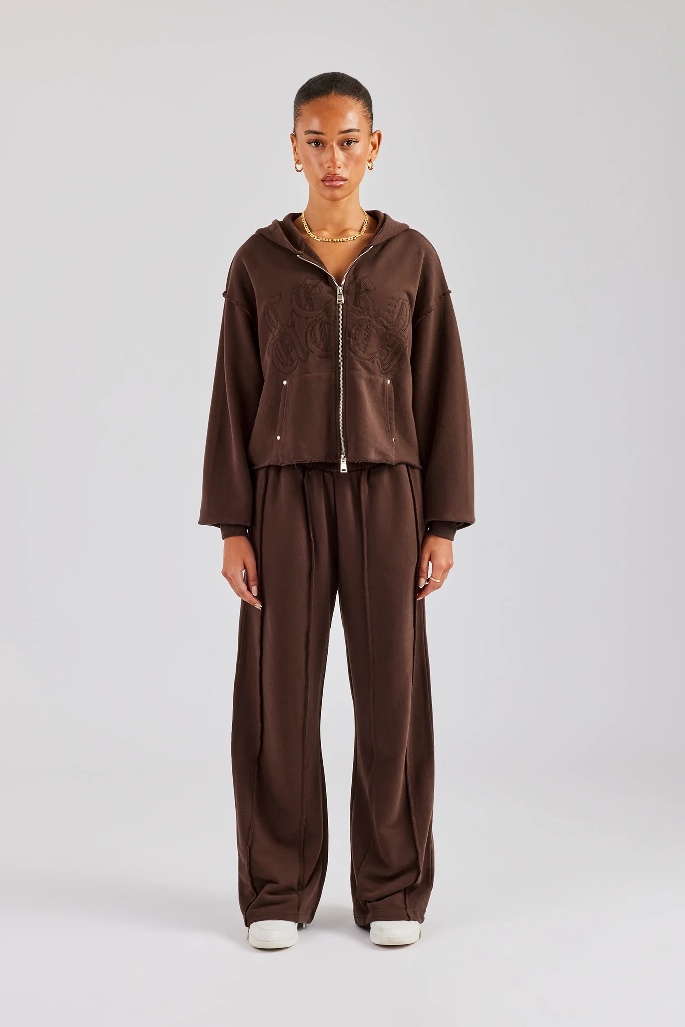 Raw Edge Zip Through Hoodie and Jogger Set - Chocolate - Image 3