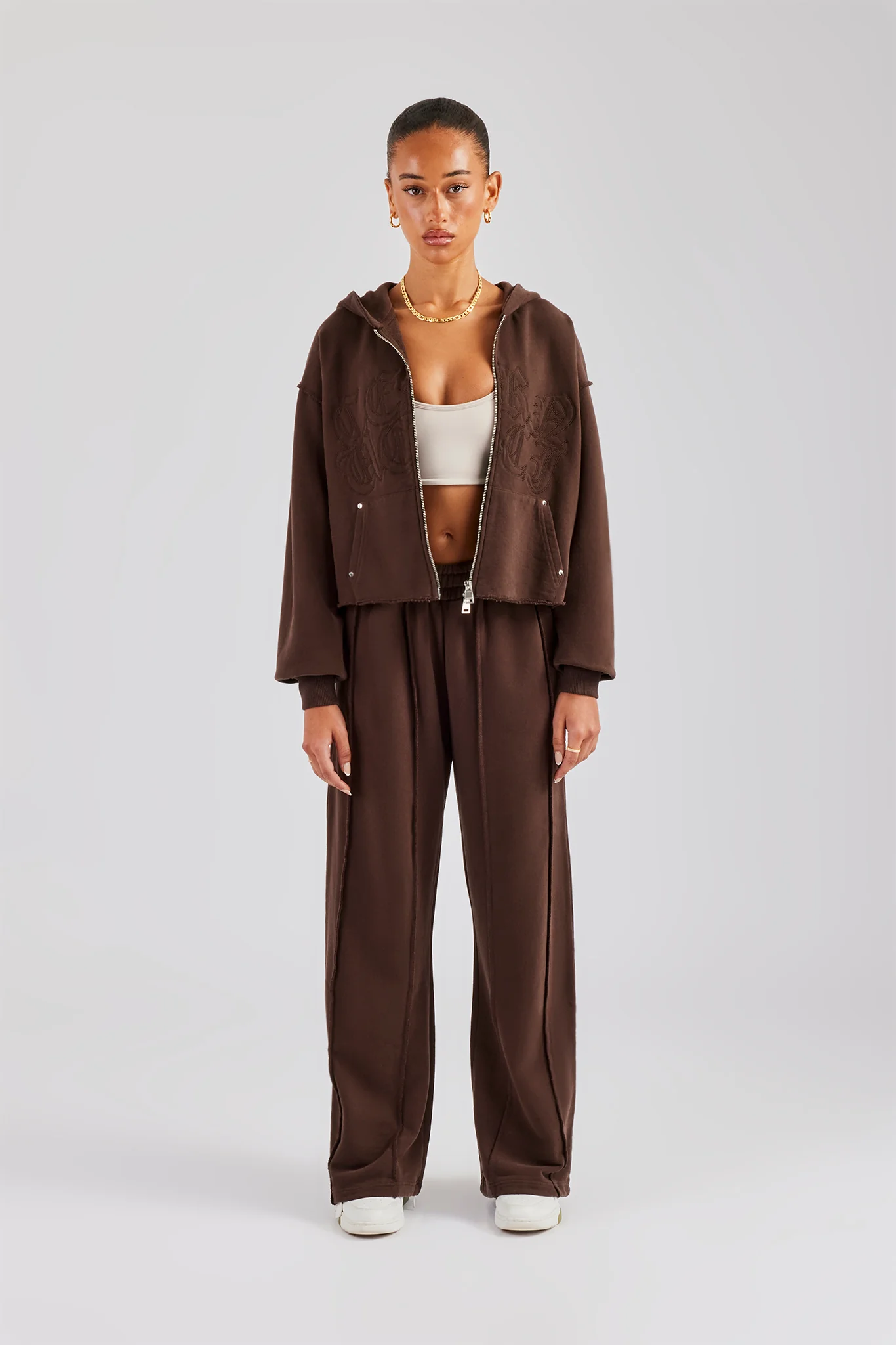 Raw Edge Zip Through Hoodie - Chocolate - Image 5