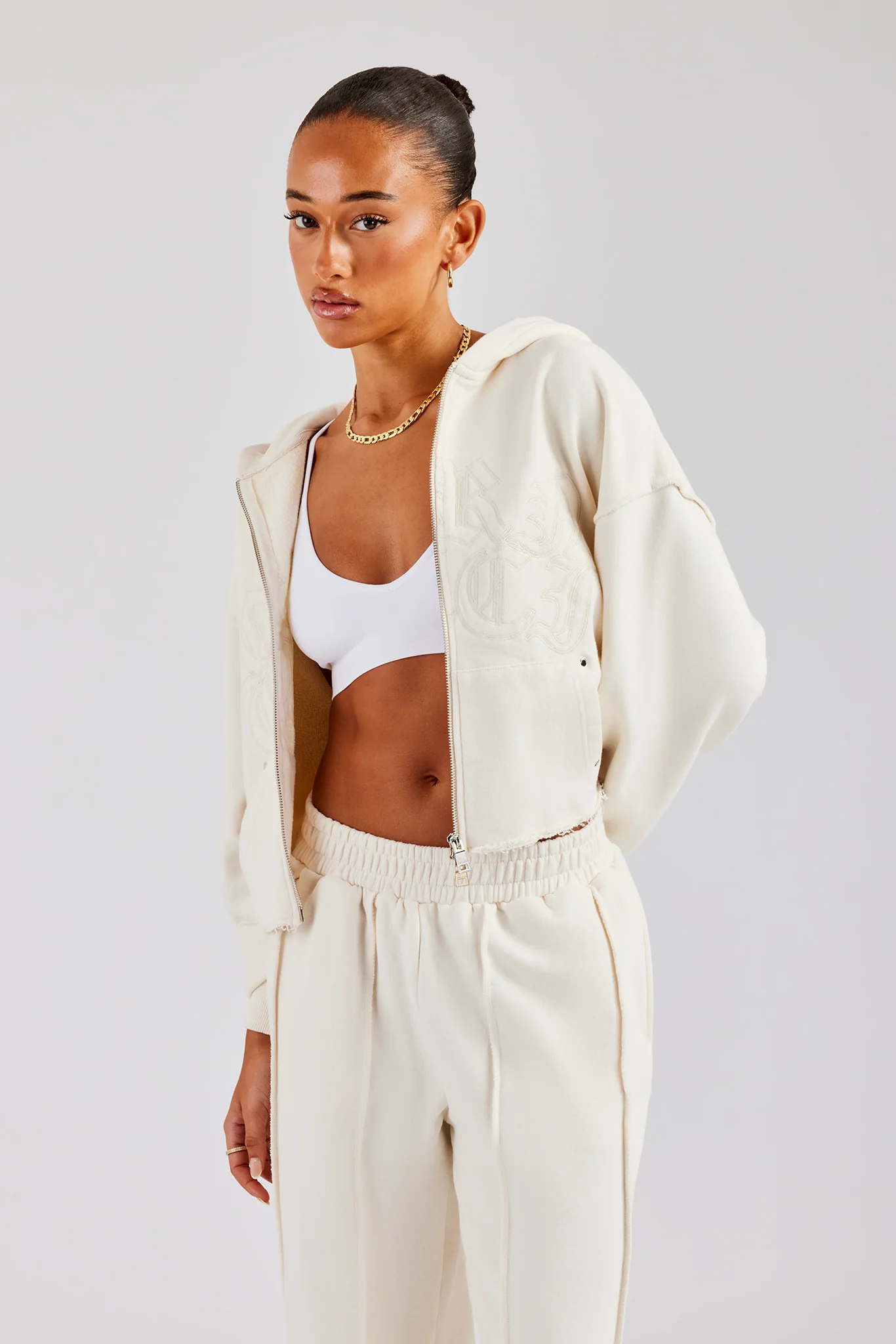 Raw Edge Zip Through Hoodie - Off White - Image 3