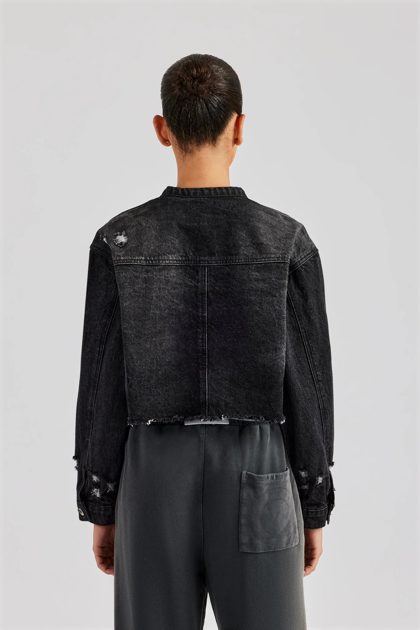 Raw Hem Denim Collarless Jacket - Washed Black - Image 4